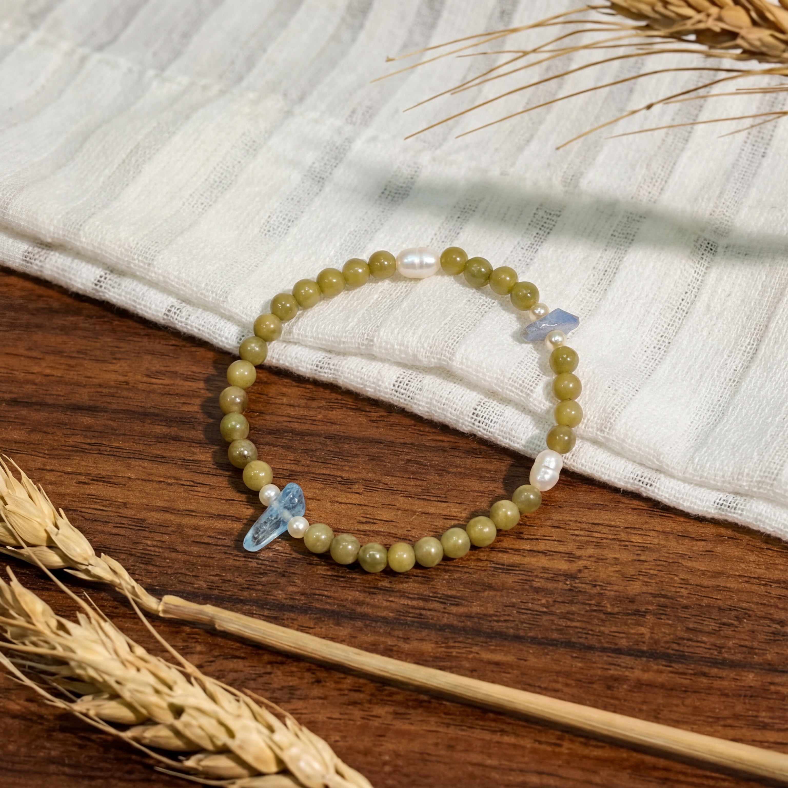 Custom Green Jade, Pearl & Aquamarine Bracelet