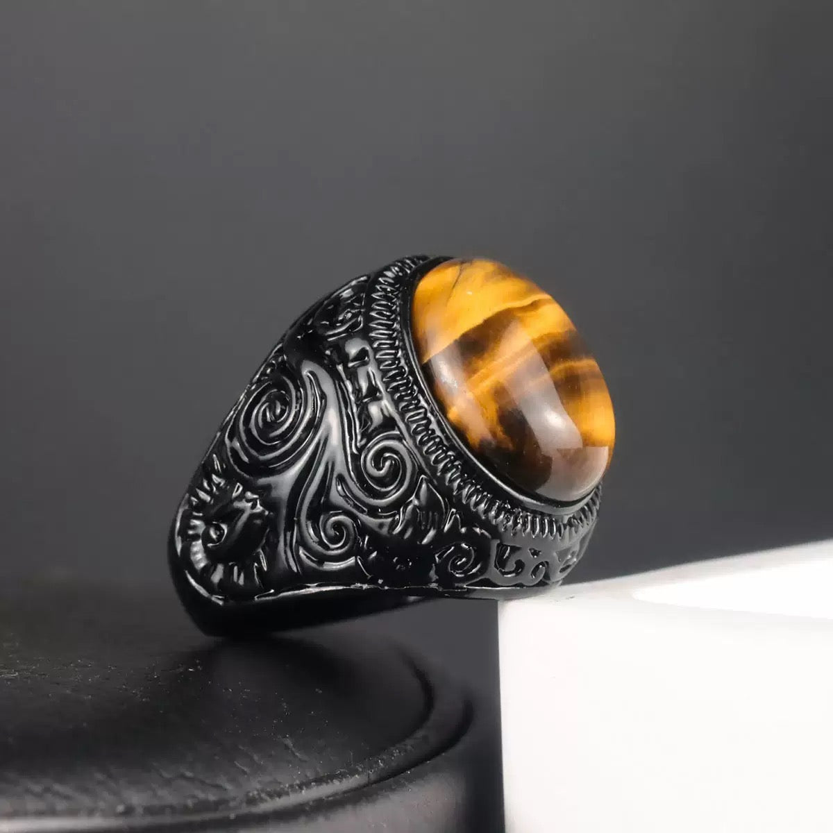 Retro Black Carved Punk Men Ring