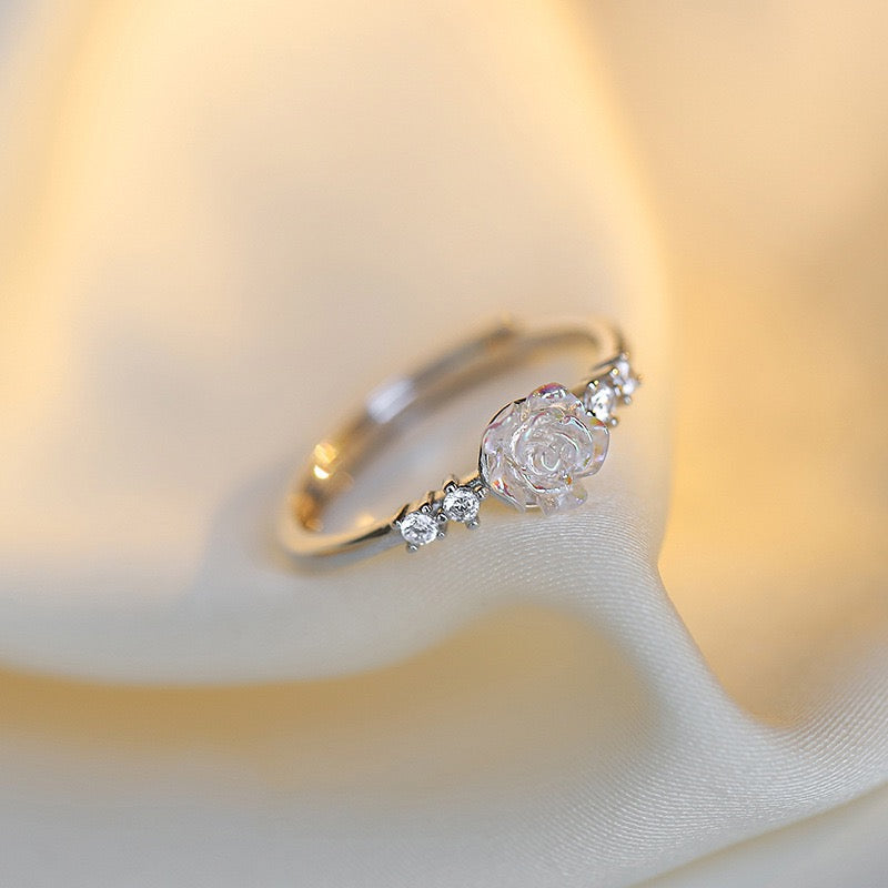 Light Luxury  Crystal White Rose Ring