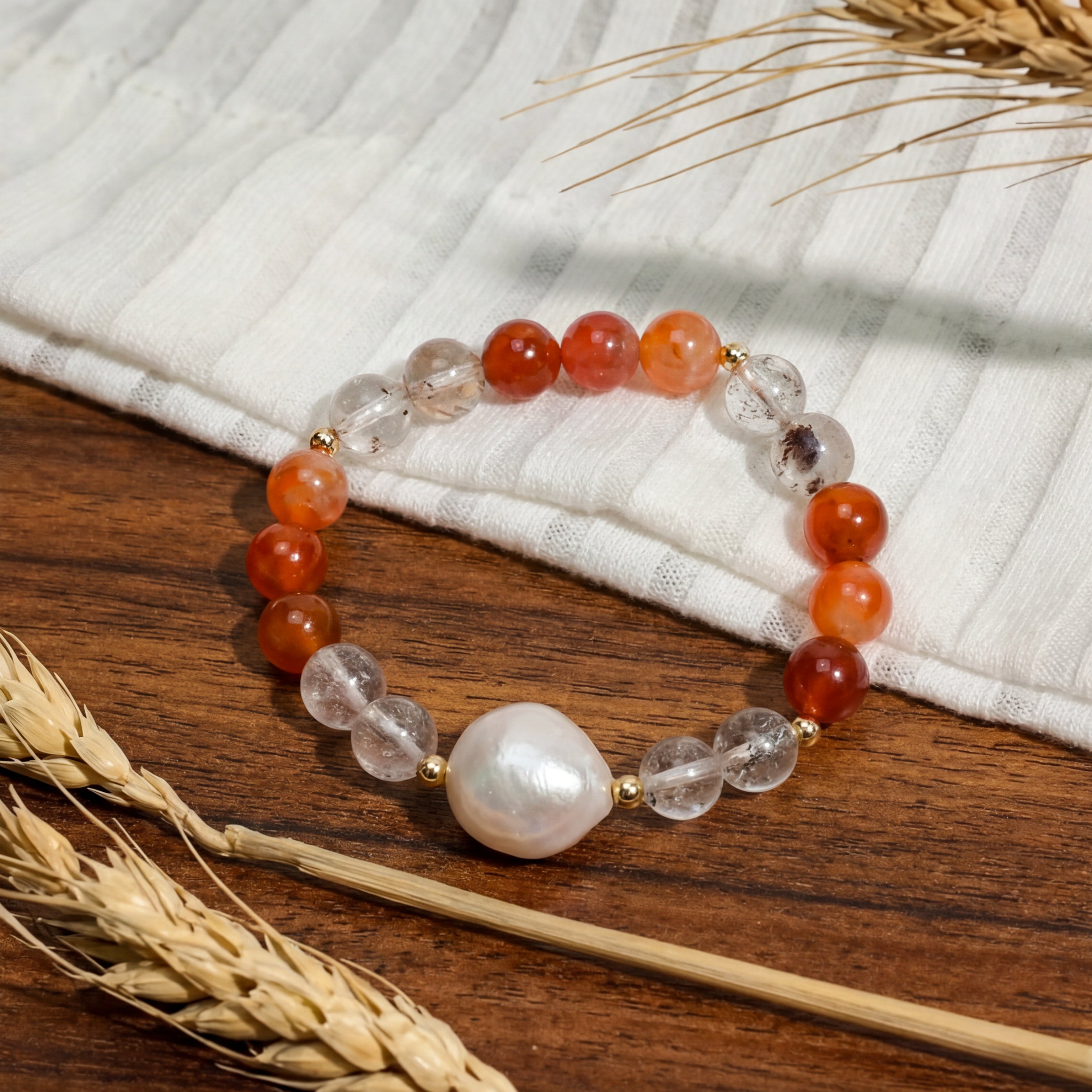 Custom Red Fire Quartz & Garden Quartz Pearl Bracelet