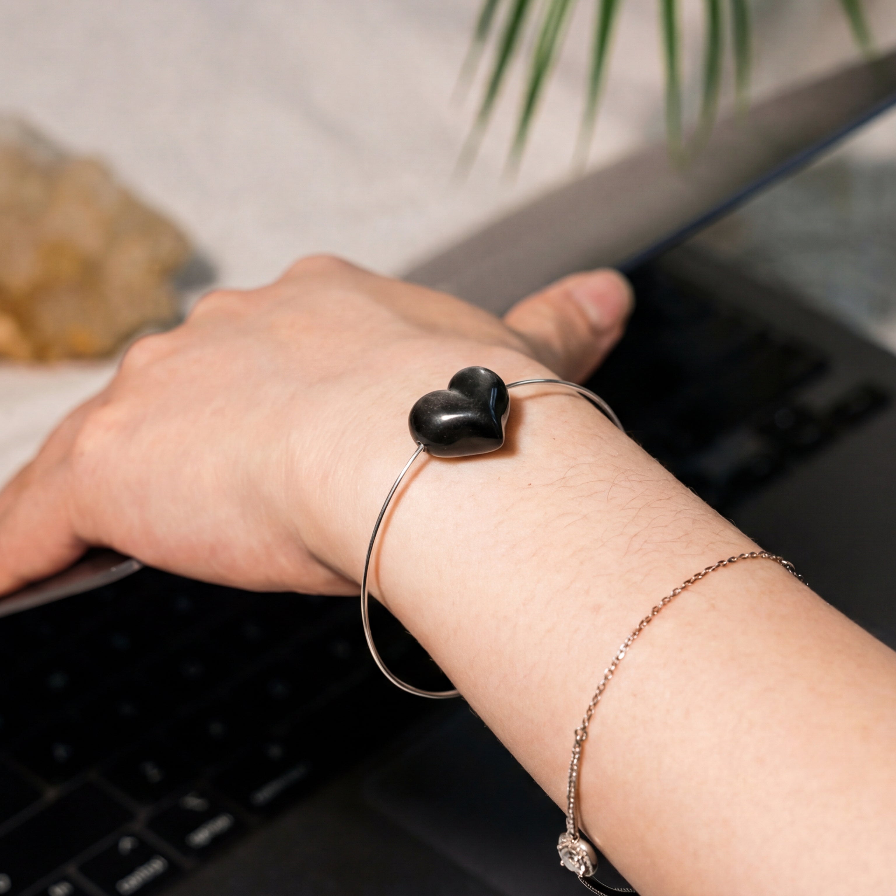 Custom Silver Obsidian Heart Handmade Bracelet