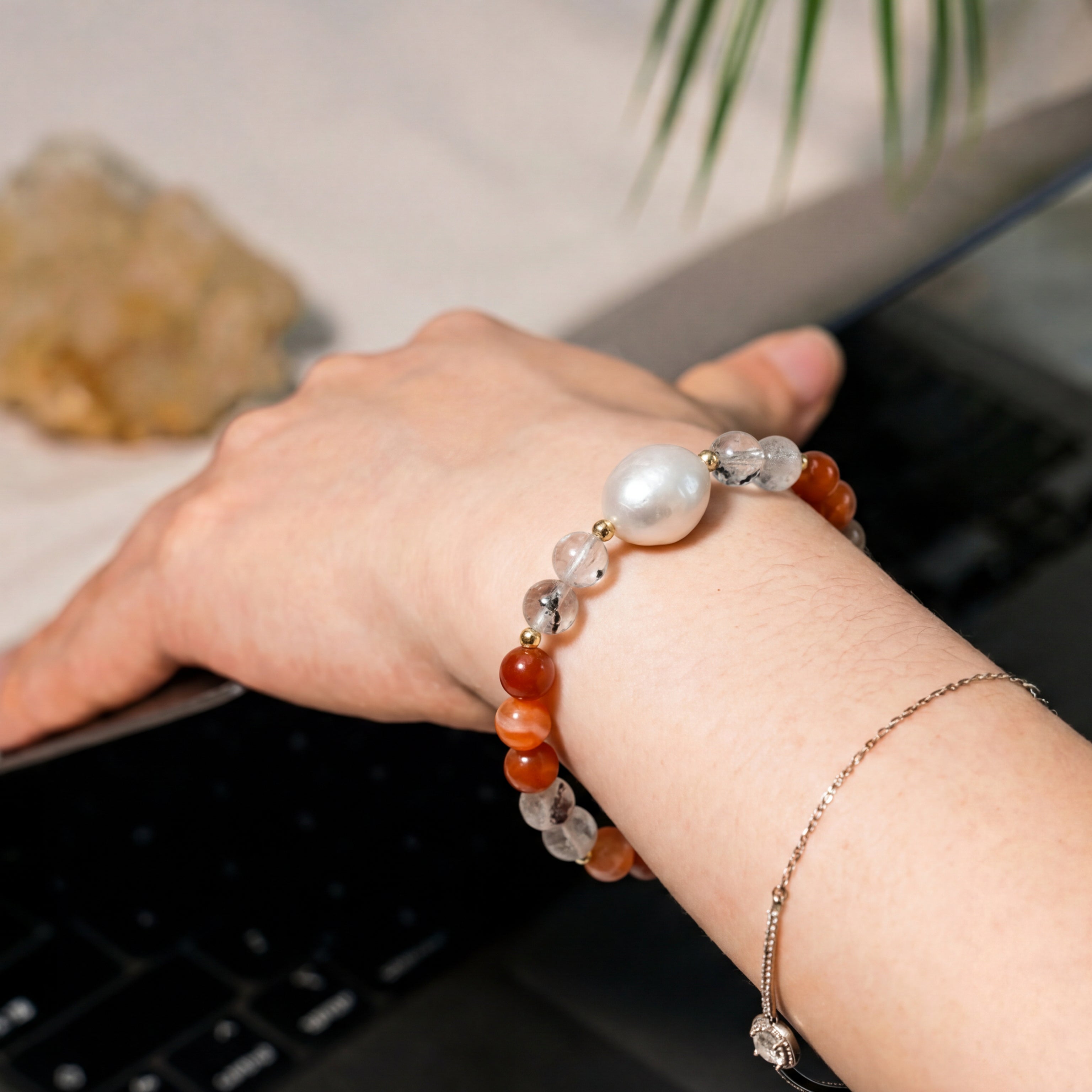 Custom Red Fire Quartz & Garden Quartz Pearl Bracelet