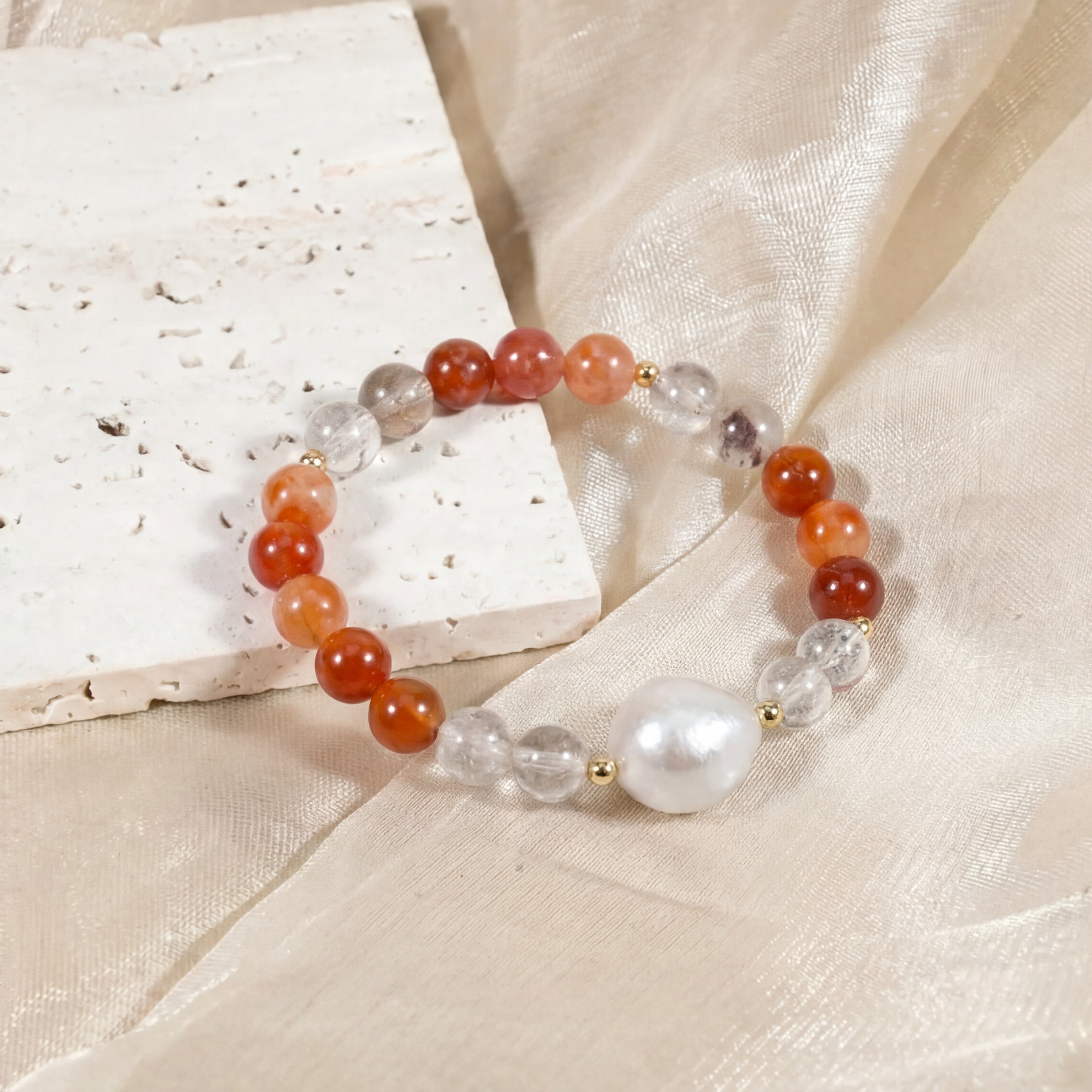 Custom Red Fire Quartz & Garden Quartz Pearl Bracelet