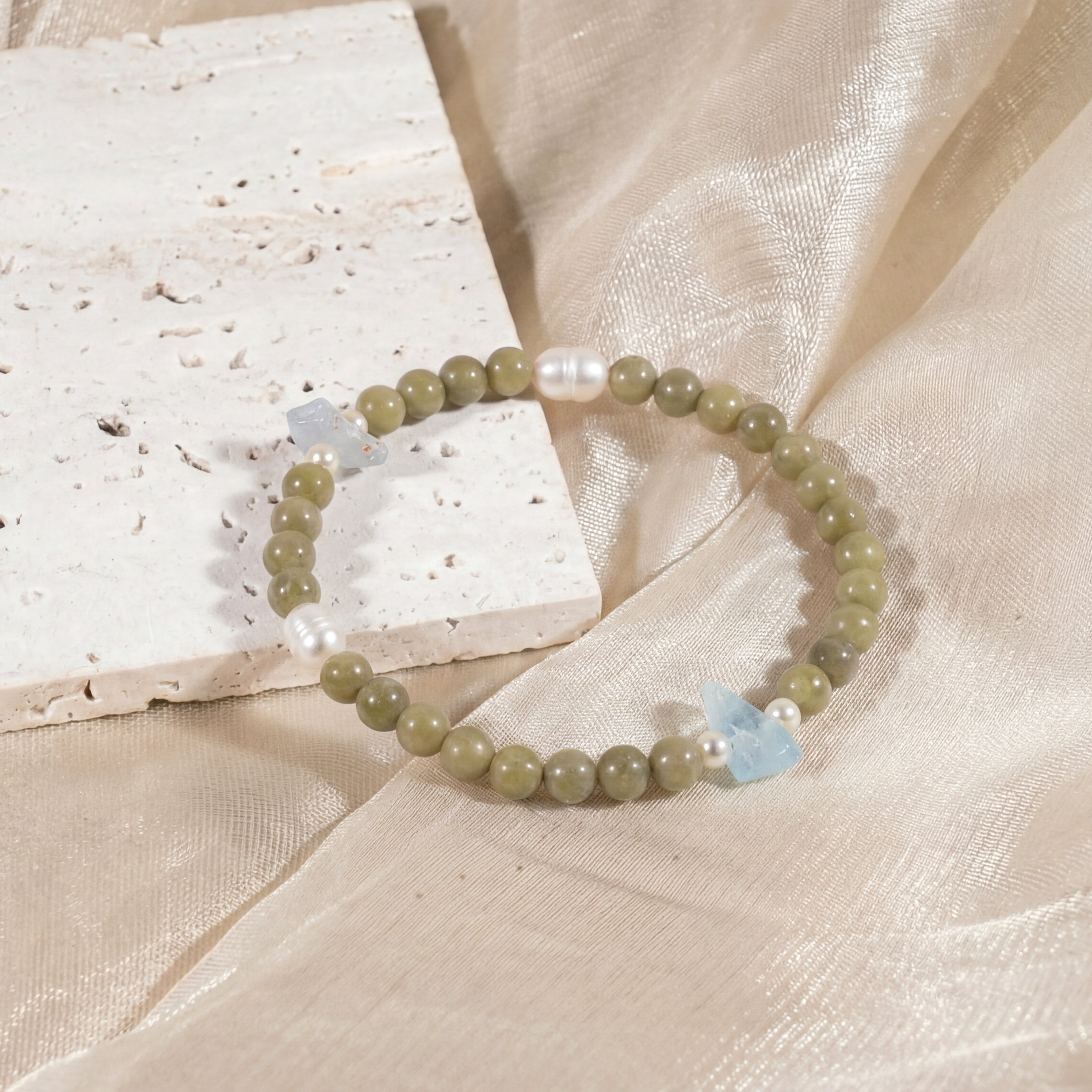 Custom Green Jade, Pearl & Aquamarine Bracelet