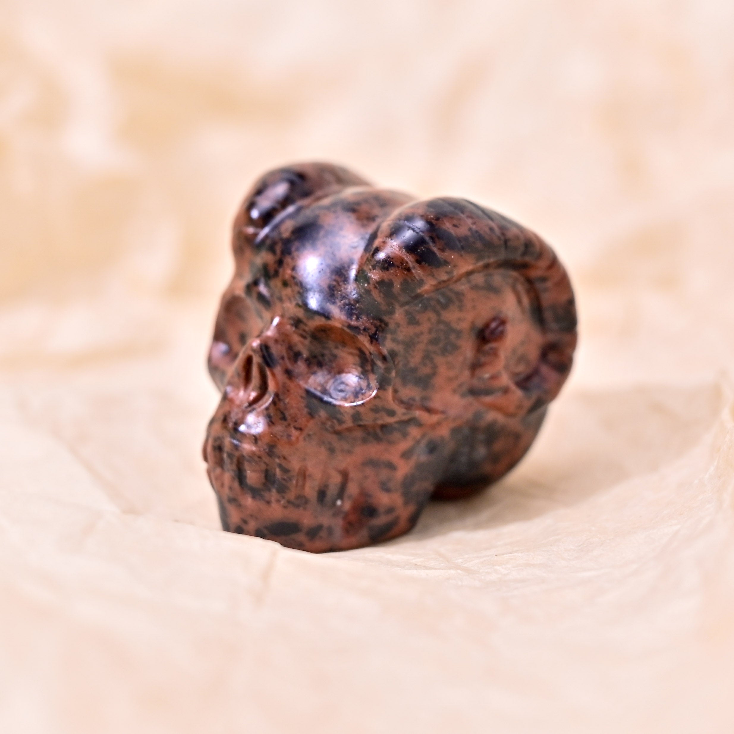 Handcrafted from Red Obsidian, this Mini Ram Horned Skull provides powerful grounding and protection, making it a unique decorative piece.