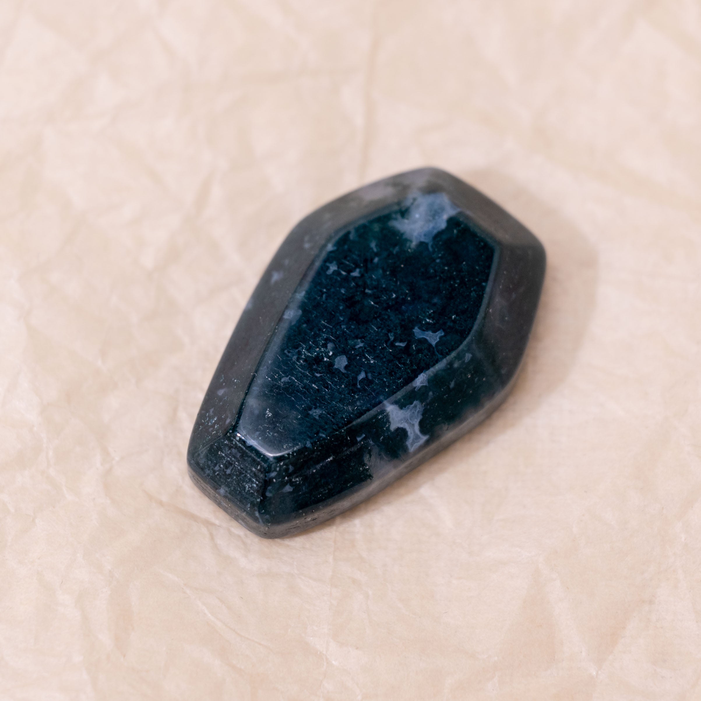 Polished Moss Agate Mini Coffin Plank enhances clarity