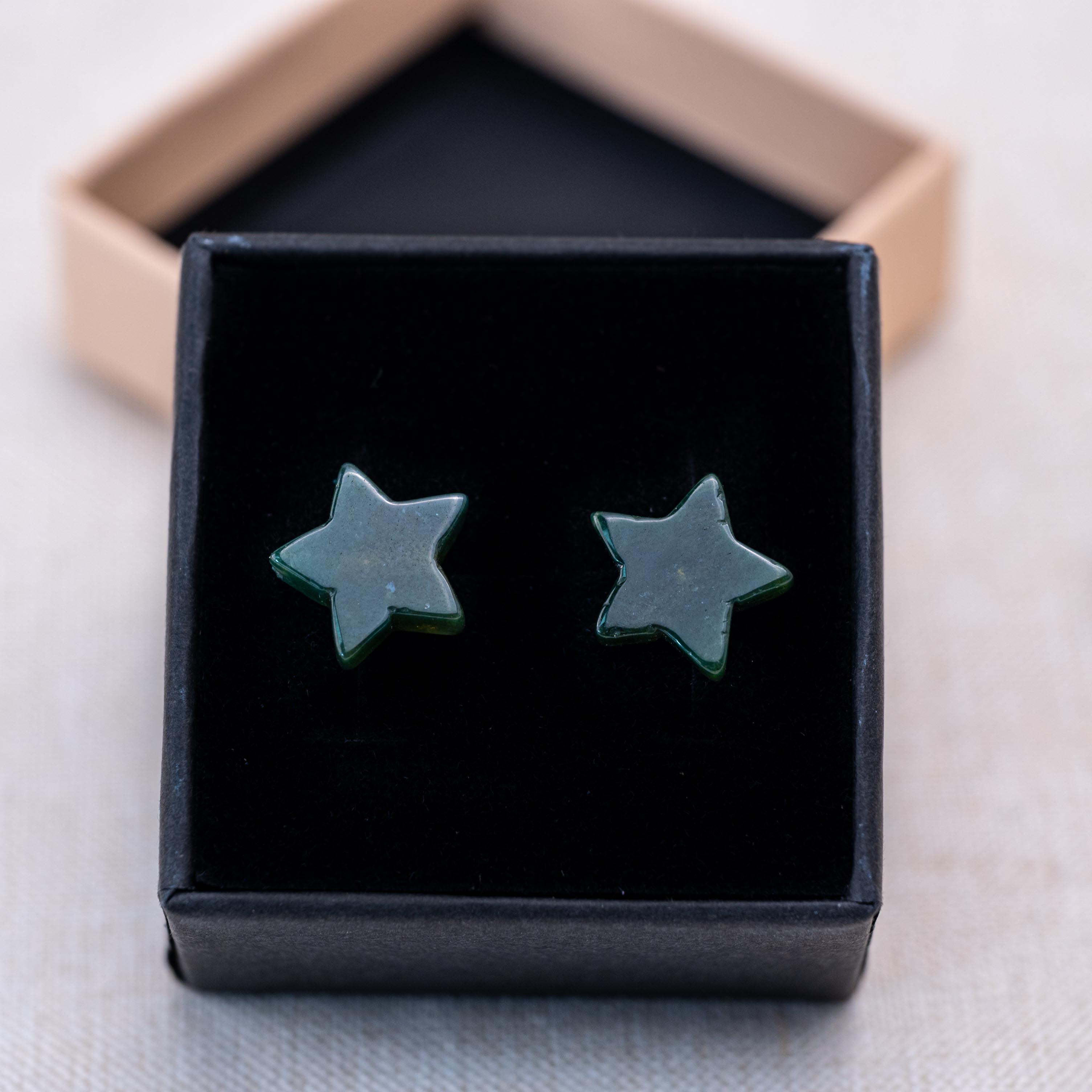 Moss Agate Pentagram Earrings that provide grounding and protection from negative energies.