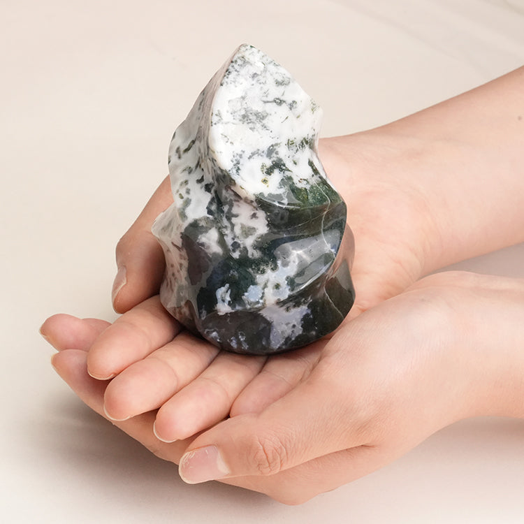 Vibrant Moss Agate Flame crystal, enhancing positive energy in any space