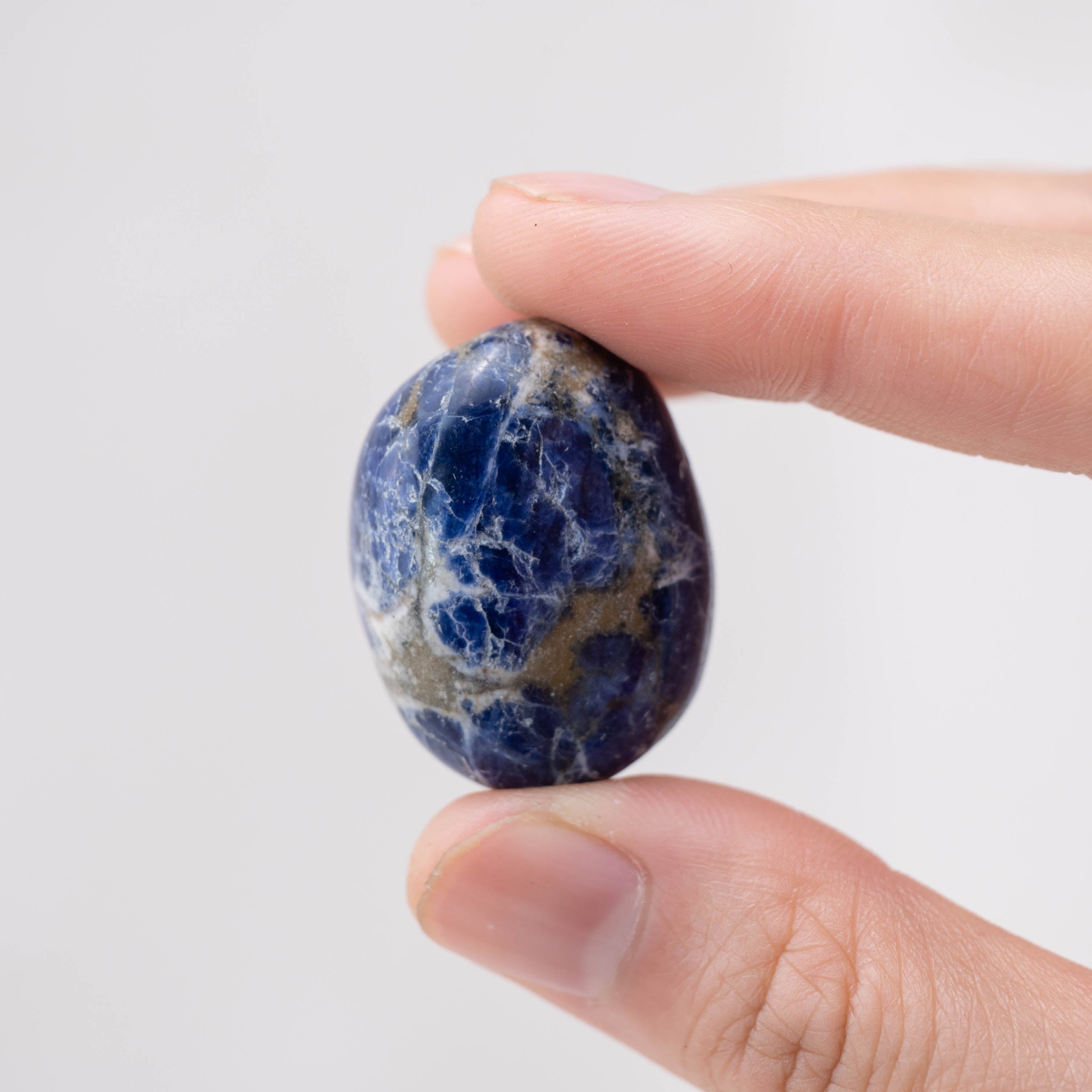 Laid-out Sodalite tumbled stones for intuition and insight.