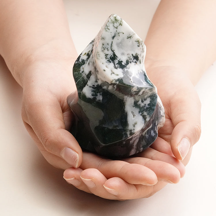 Handcrafted Moss Agate Flame crystal, enhancing energy and harmony