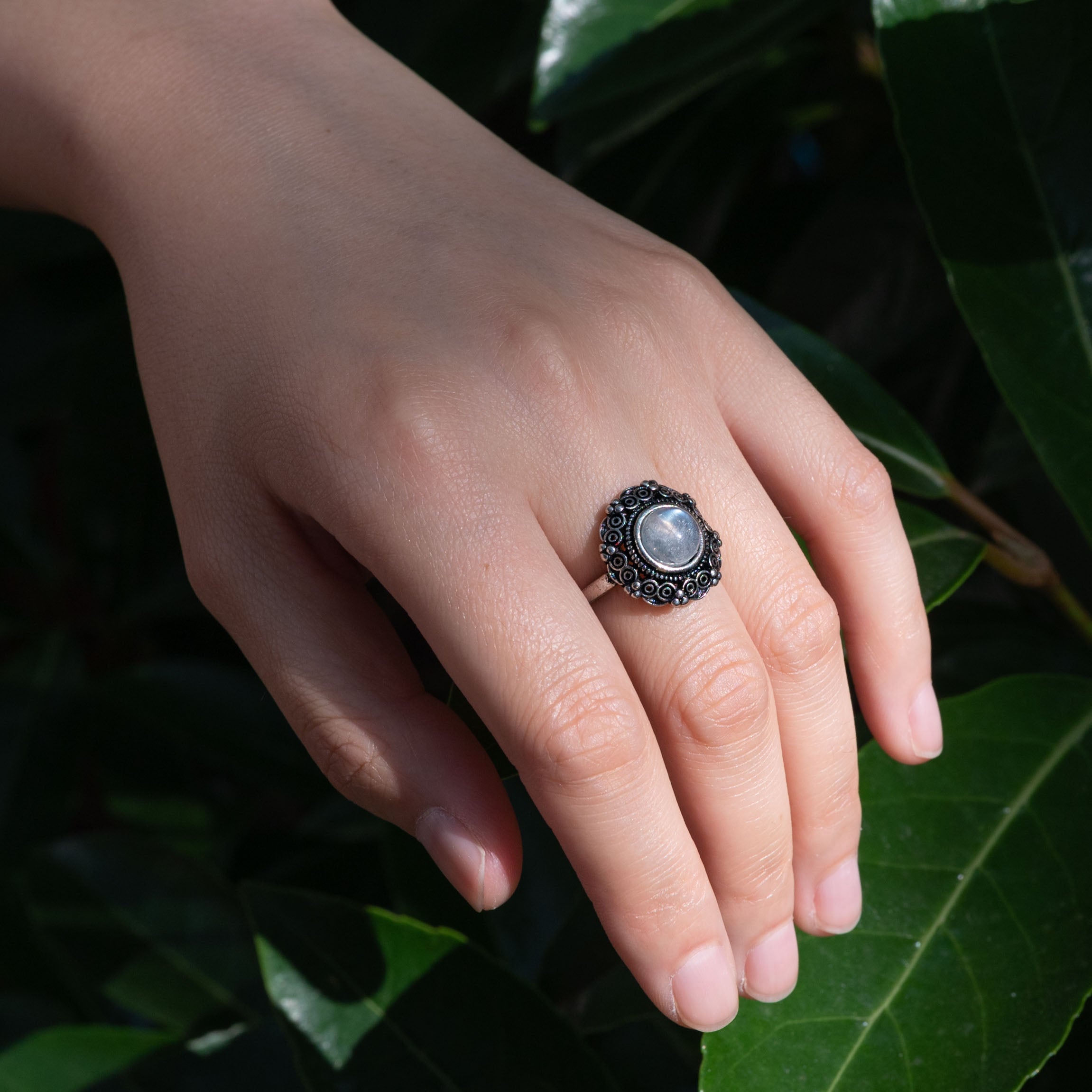 Dazzling White Moonstone Ring with a shimmering finish.