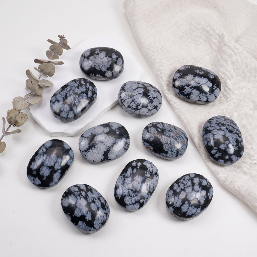 Snowflake Obsidian Palm Stone | Natural Polished Snowflake Obsidian Tumbled Pocket Stone For Meditation & Home Decor