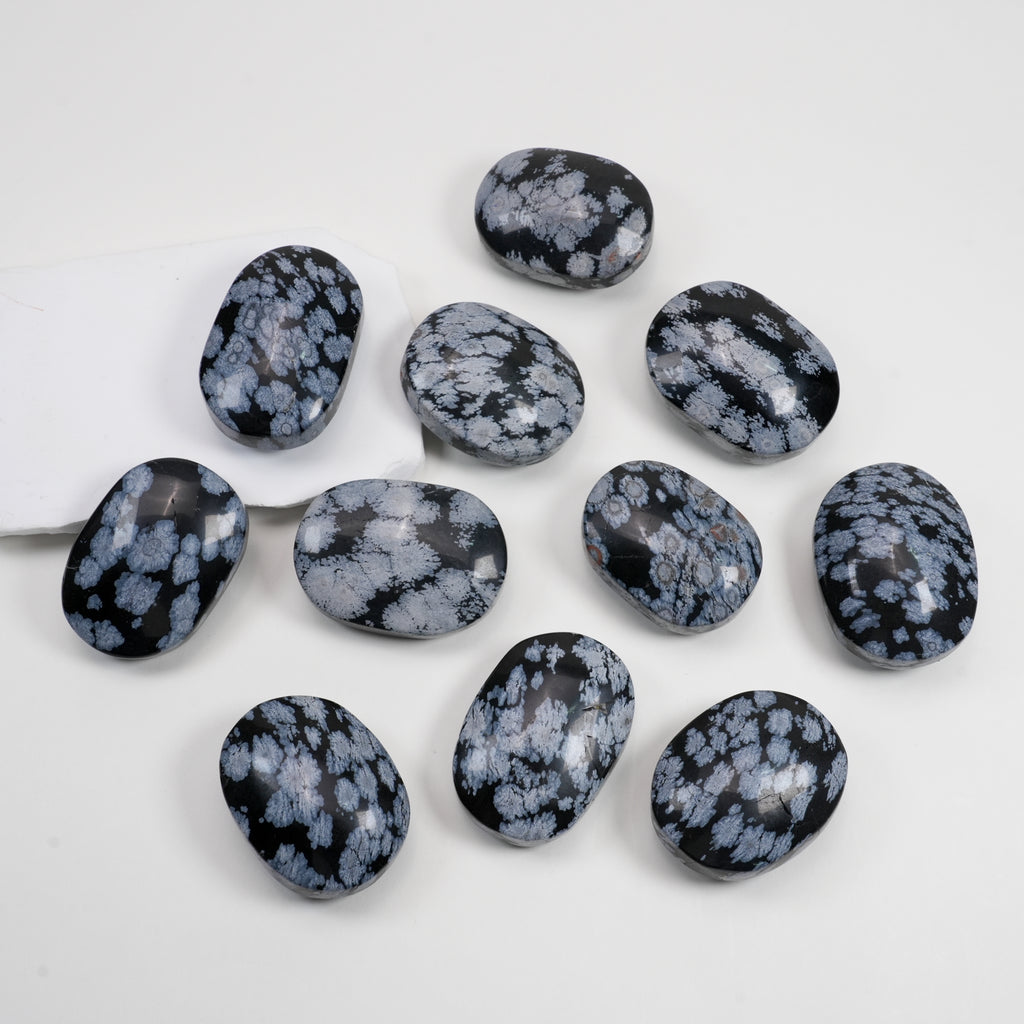 Snowflake Obsidian Palm Stone | Natural Polished Snowflake Obsidian Tumbled Pocket Stone For Meditation & Home Decor