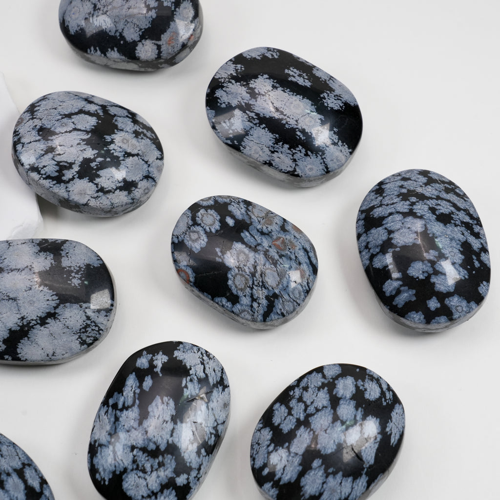 Snowflake Obsidian Palm Stone | Natural Polished Snowflake Obsidian Tumbled Pocket Stone For Meditation & Home Decor