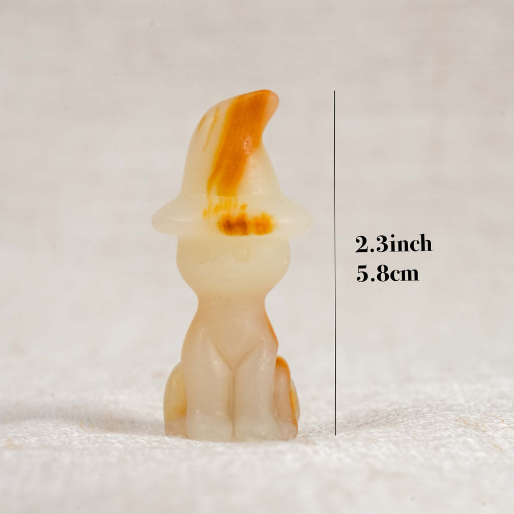 Natural Crystal Witch Cat Figurine, Hand Carved Wizard Kitten Statue, Healing Crystal Witch Hat Cat Ornament for Halloween Home Decor Crystal Gift