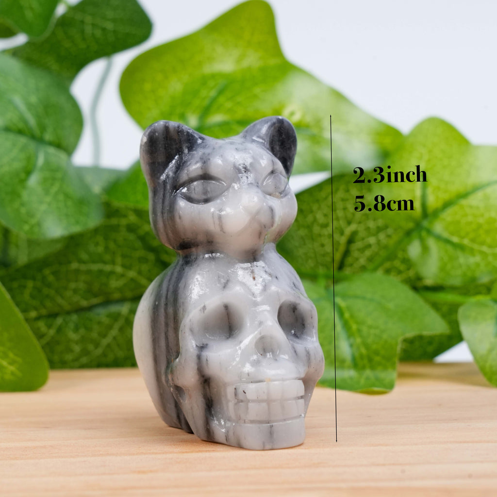 Hand-Carved Crystal Cat Skull Statue | Assorted Natural Gemstone Cat on Skull for Altar & Gothic Decor