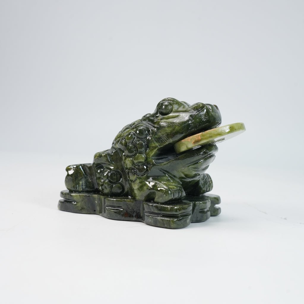 Natural Green Jade Money Frog Statue - Feng Shui Chan Chu for Wealth & Prosperity, 4.3" Hand-Carved Crystal Toad Figurine for Home Office Luck