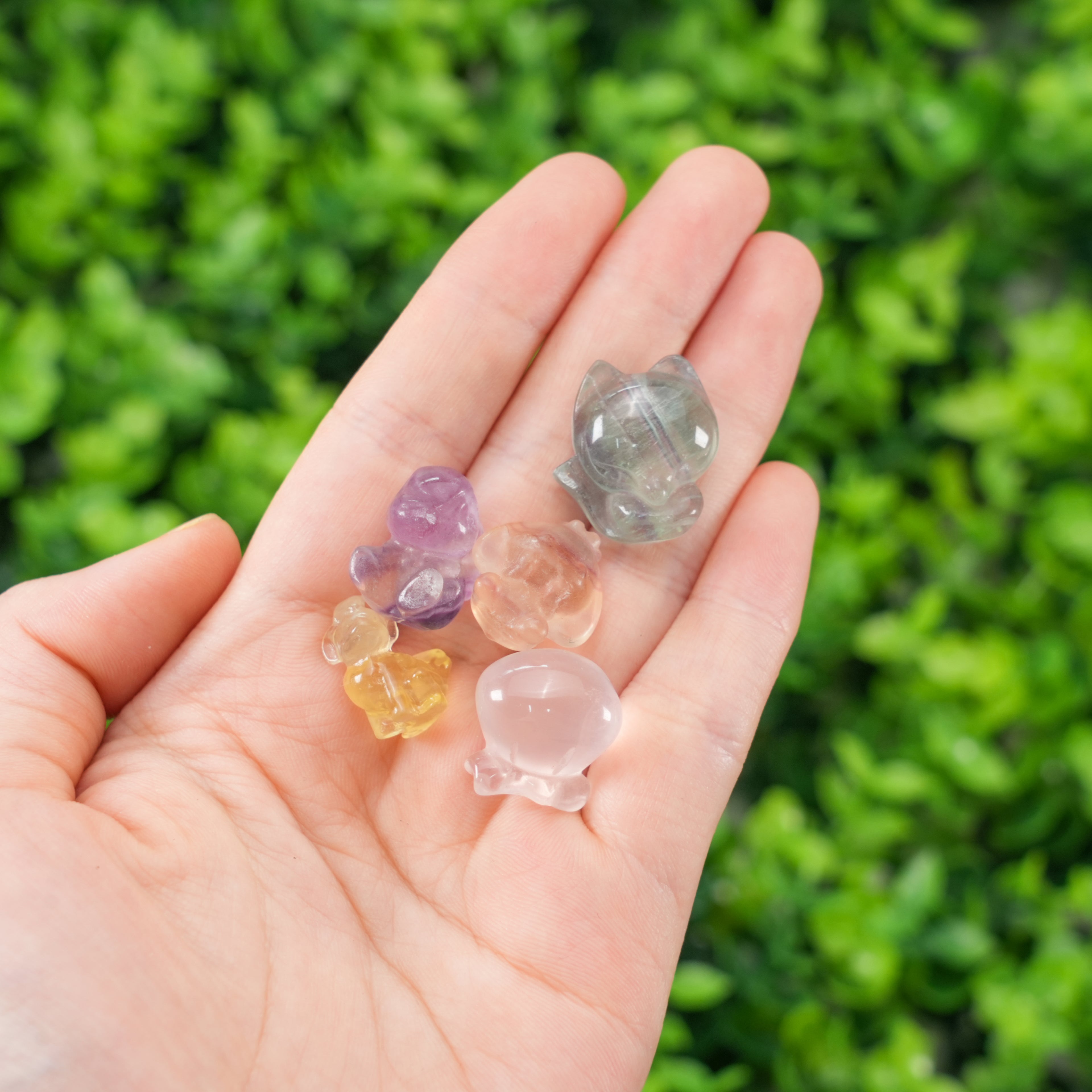 Mini Fluorite Carvings 1cm (0.39in), 9–10pcs Random Shapes per Bottle – Candy Fluorite Crystal Figurines (Cat, Rabbit, Turtle, Bow & More) for DIY Crafts, Decor & Gifts