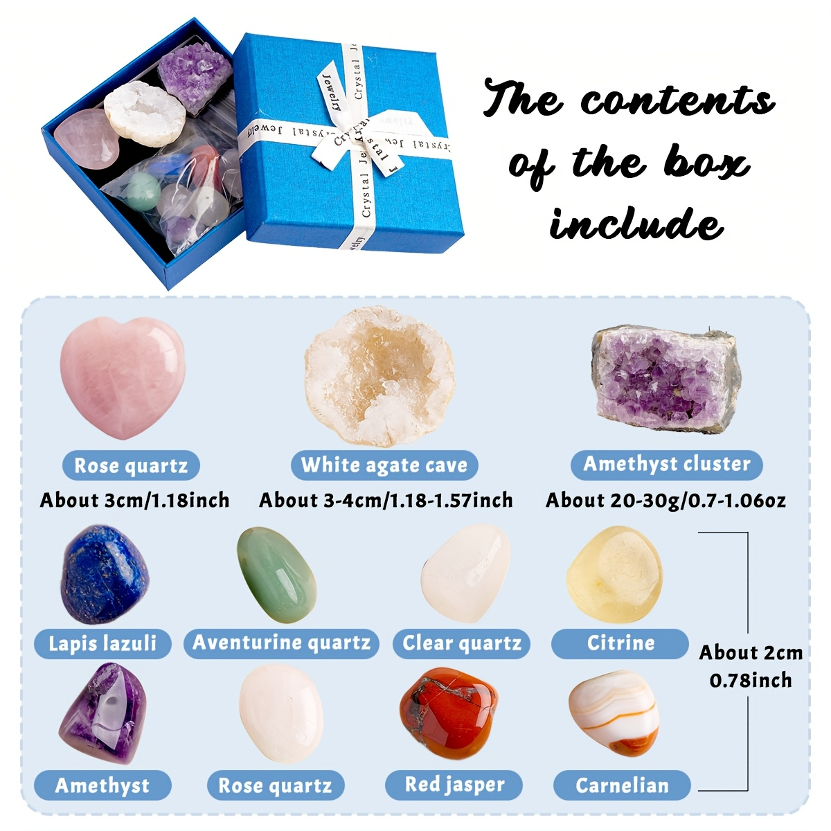 Natural Healing Crystal Gift Box Kit, Rose Quartz Heart Palm Stone, Amethyst Cluster, Clear Quartz Geode Agate, 7 Chakra Polished Tumbled Stones Set For Meditation, Home Desk Decor, Valentine’s Day Jewelry Making Gift