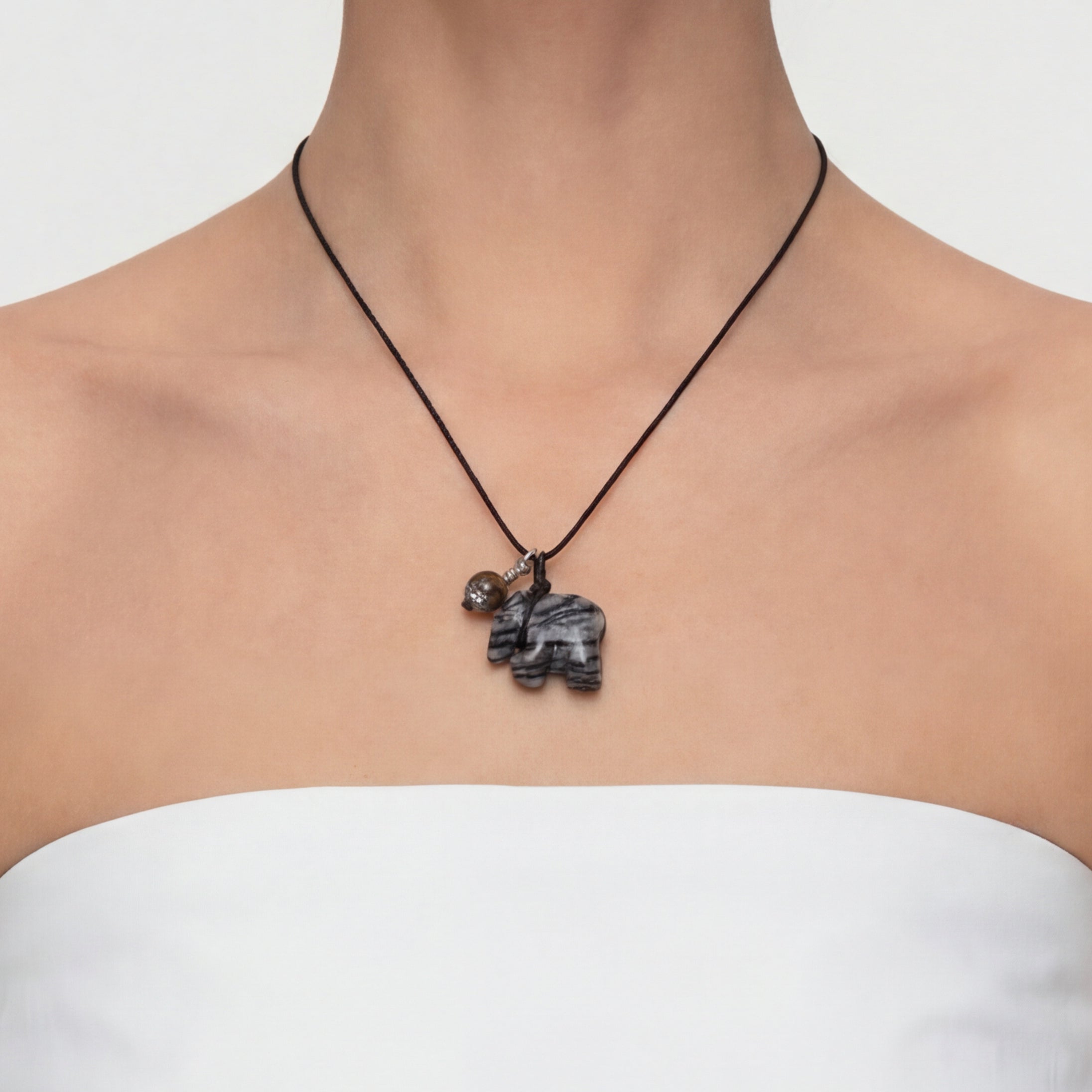 Black and White Zebra Jadeite Elephant Pendant Necklace