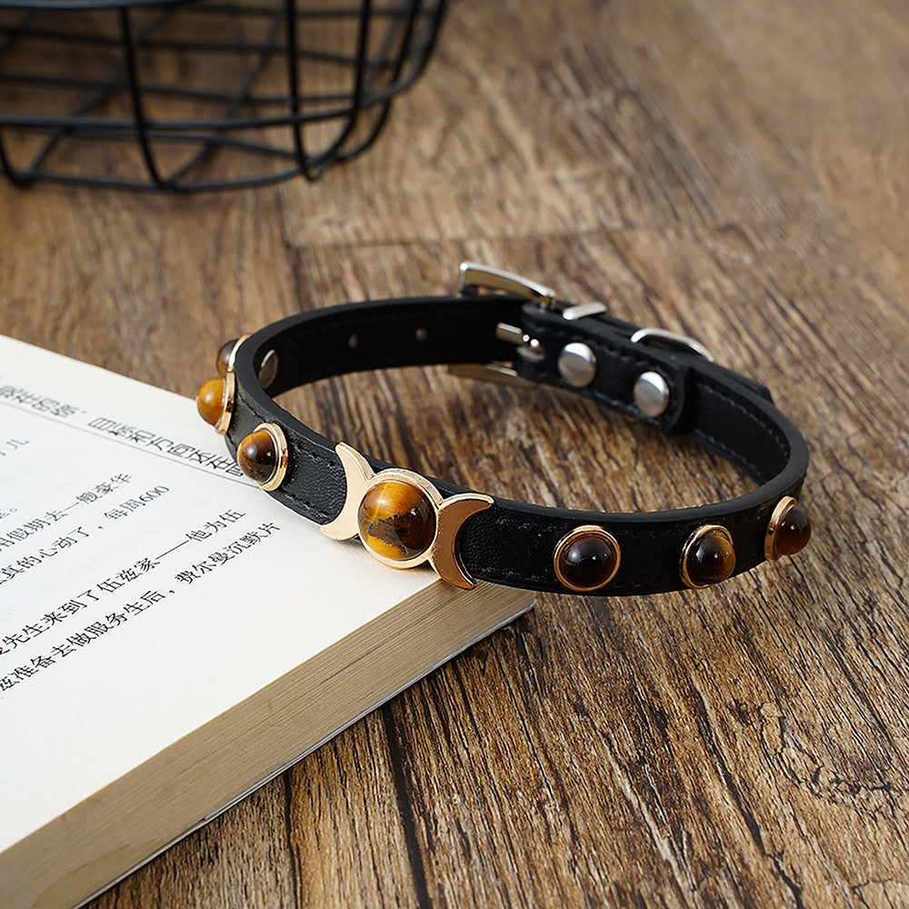 Tiger Eye Pet Collar, Luxury Amber Gem Collar for Cats & Small Dogs (Teddy), Adjustable & Stylish