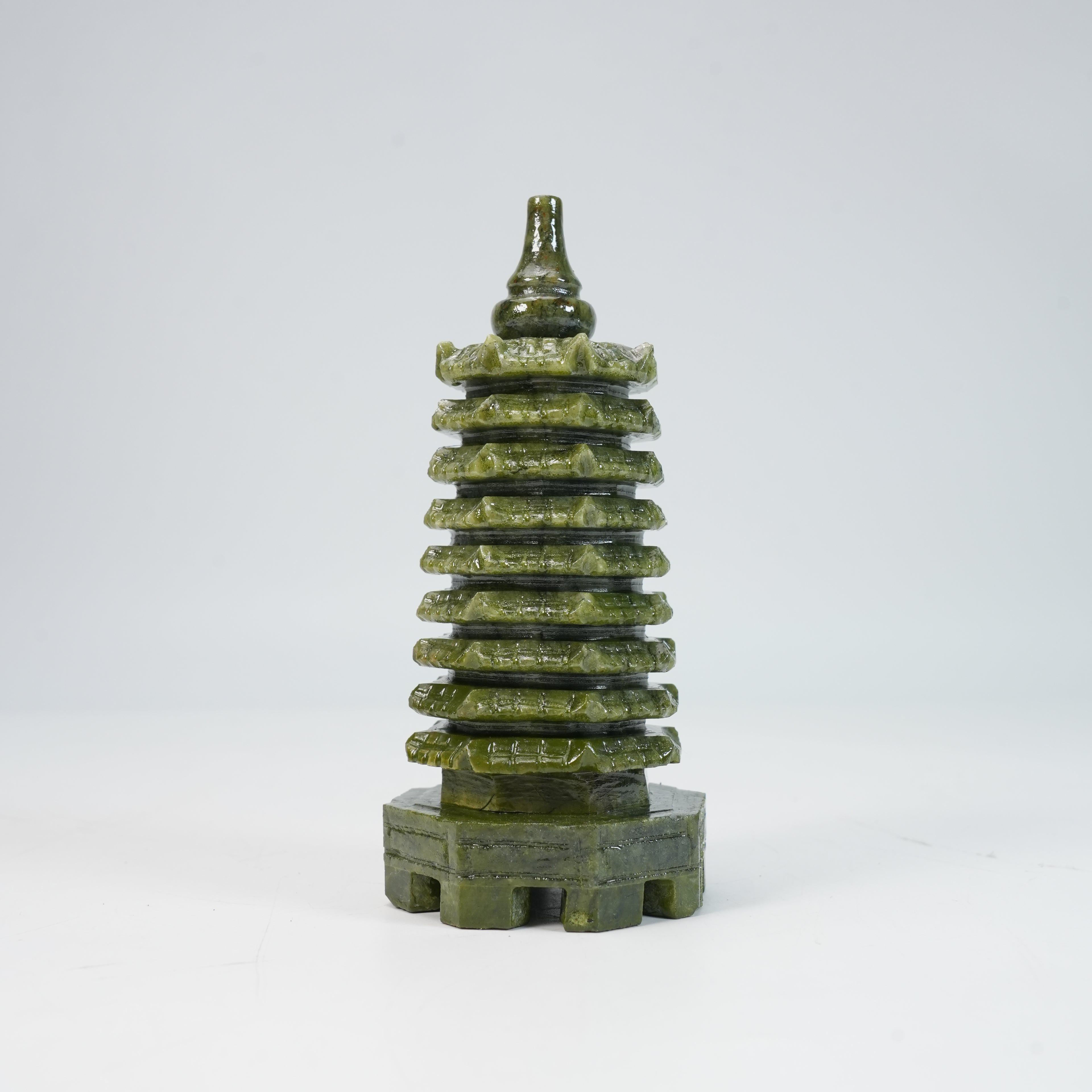 Green Jade 9-Level Wen Chang Pagoda Statue - Feng Shui Tower for Academic Success & Career Luck, 5.3" (13.5cm) Hand-Carved Crystal Figurine