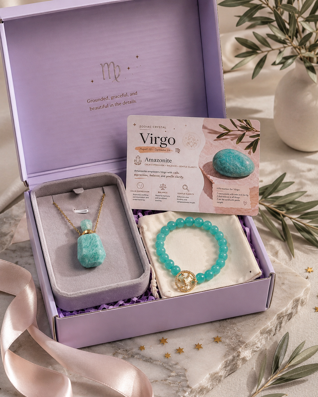 Zodiac Crystal Jewelry Gift Set | Matching Bracelet & Perfume Bottle Necklace, 12 Star Signs Available
