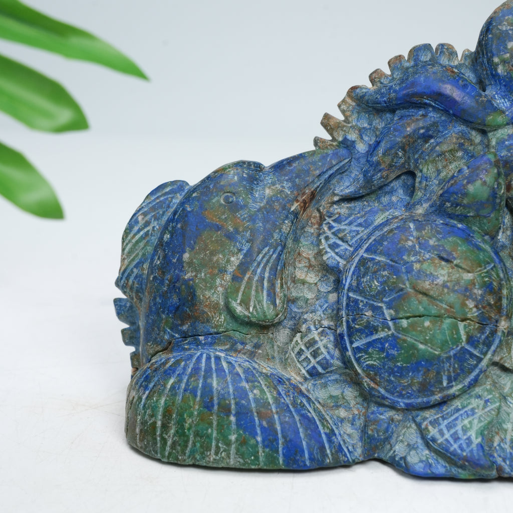 Natural Azurite Malachite Ocean Life Carving, Hand Carved Sea Turtle, Fish & Octopus Crystal Sculpture for Home Decor, Healing & Collection