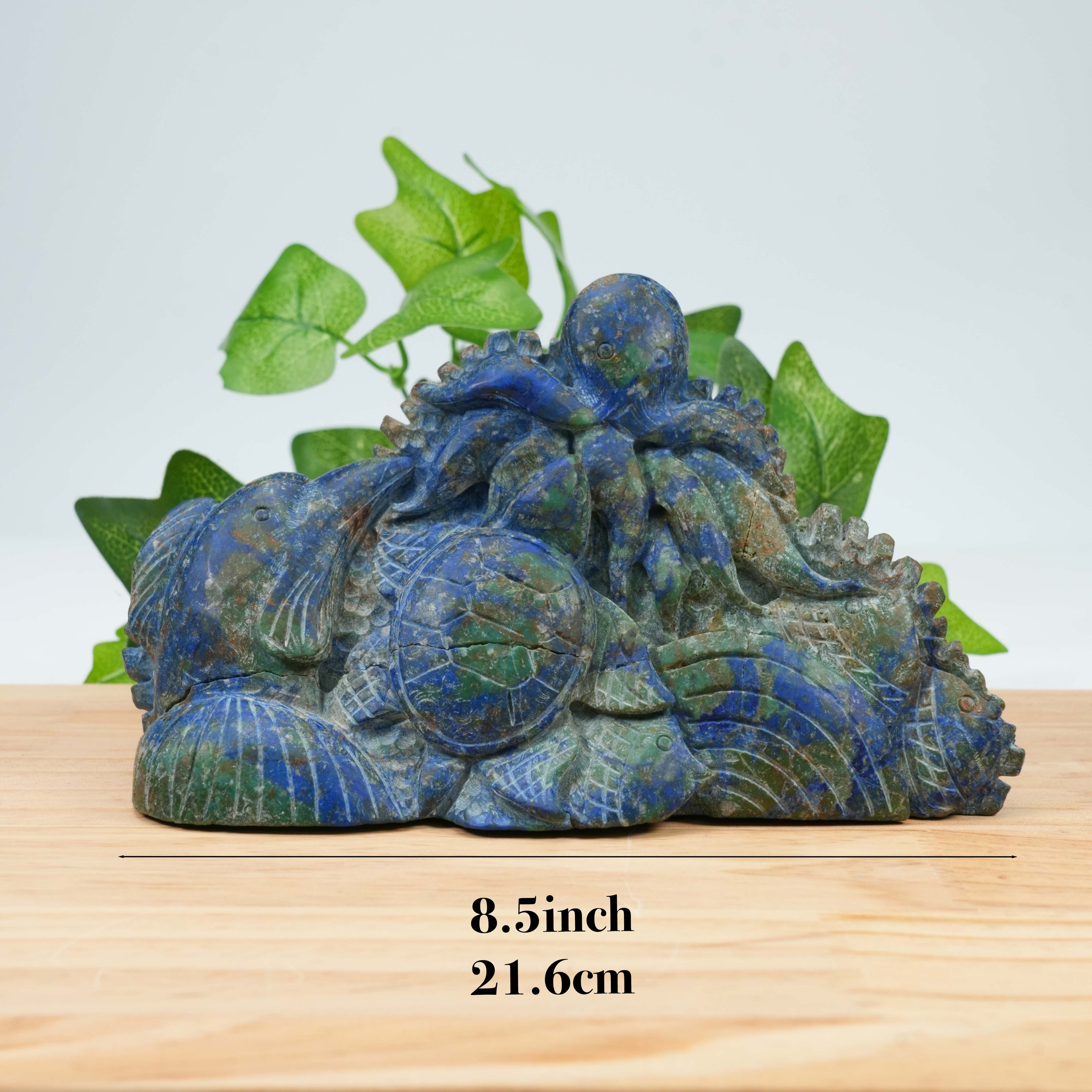 Natural Azurite Malachite Ocean Life Carving, Hand Carved Sea Turtle, Fish & Octopus Crystal Sculpture for Home Decor, Healing & Collection