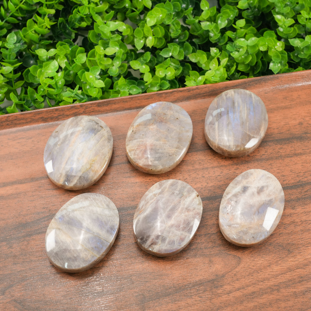 Natural Blue Moonstone Palm Stone, Polished Crystal Worry Stone for Stress Relief