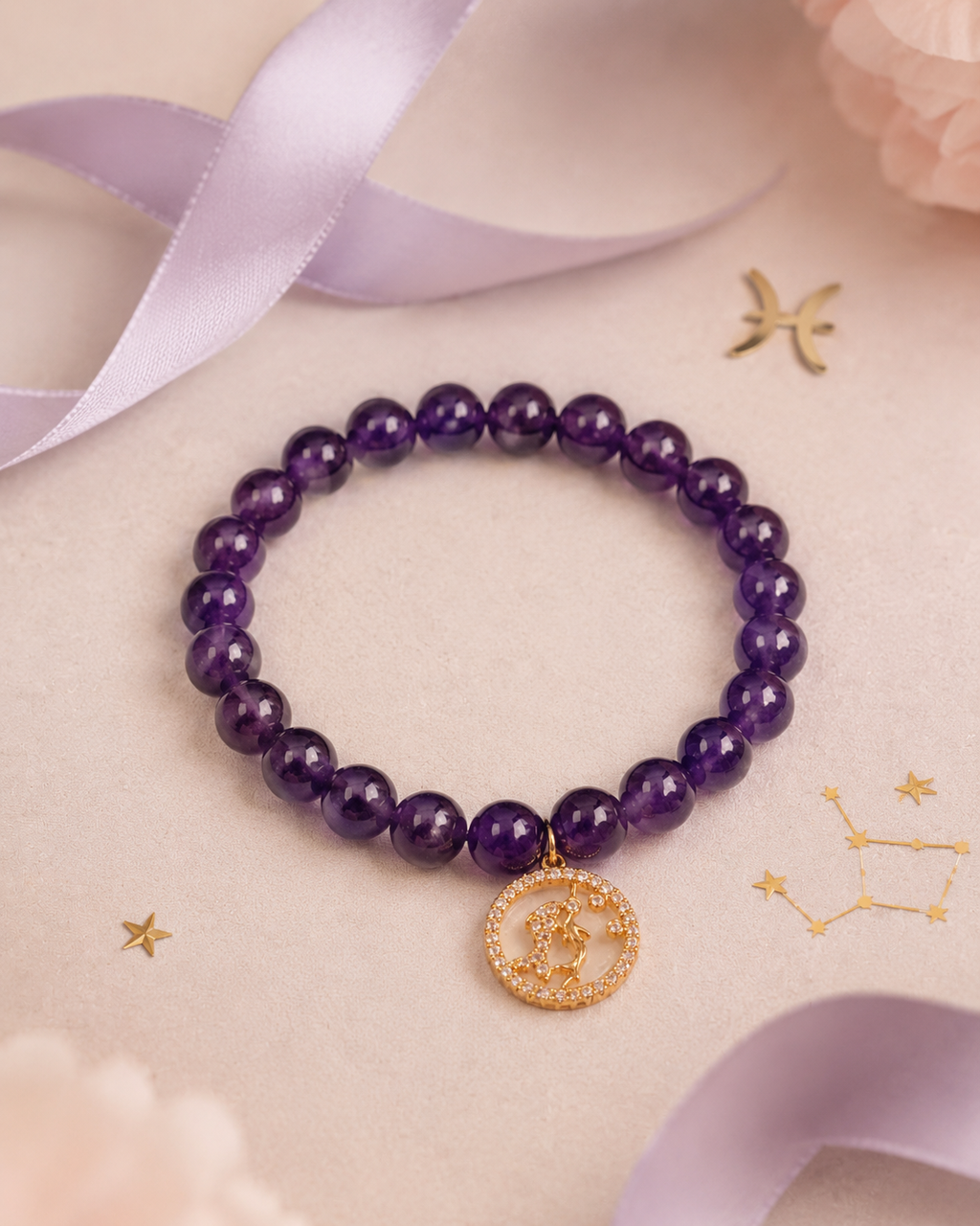 Pisces Zodiac Crystal Gift Set | Amethyst Perfume Bottle Pendant Necklace & Beaded Bracelet Kit, Astrology Birthday Gift for Women