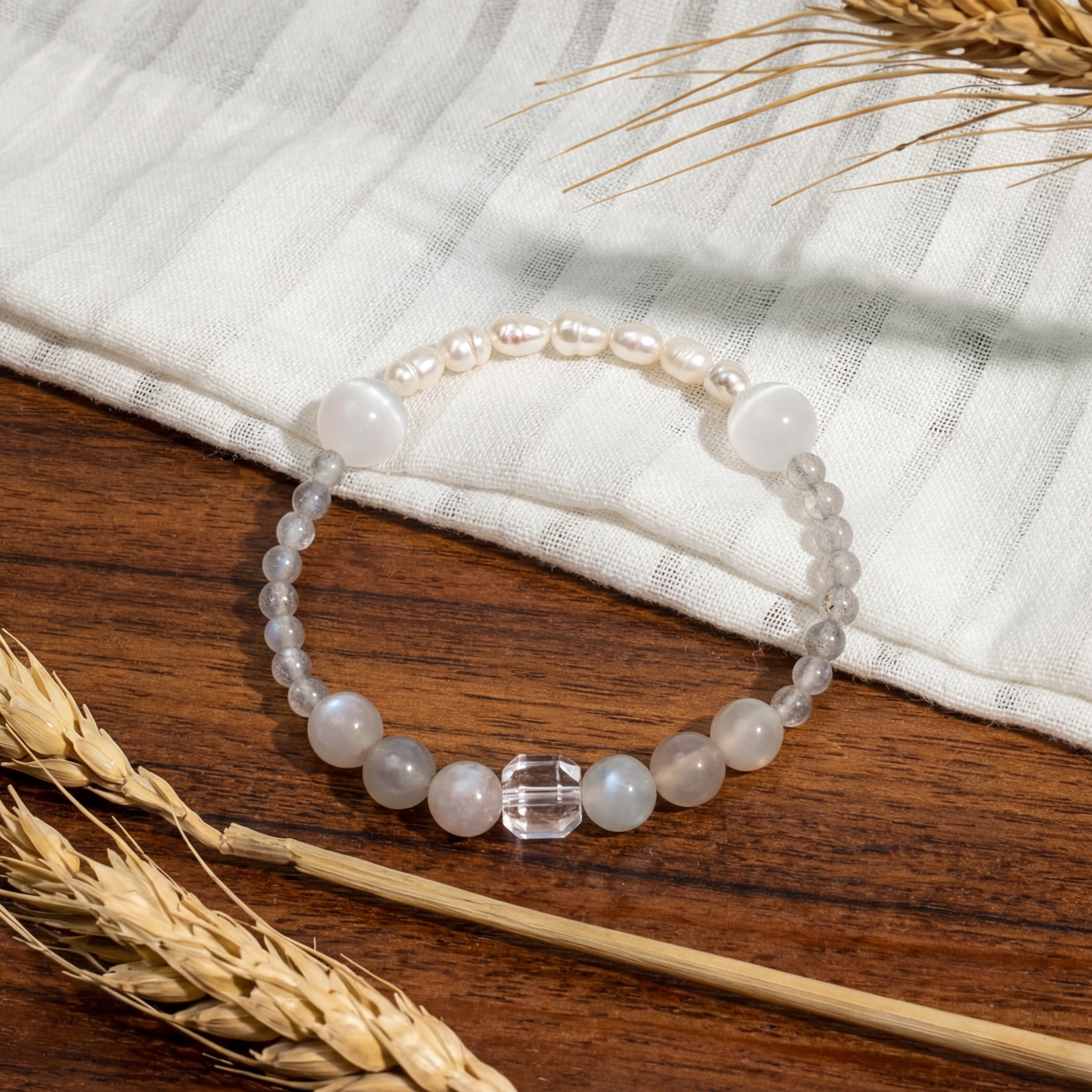 Custom Moonstone & Clear Quartz Cube Bracelet