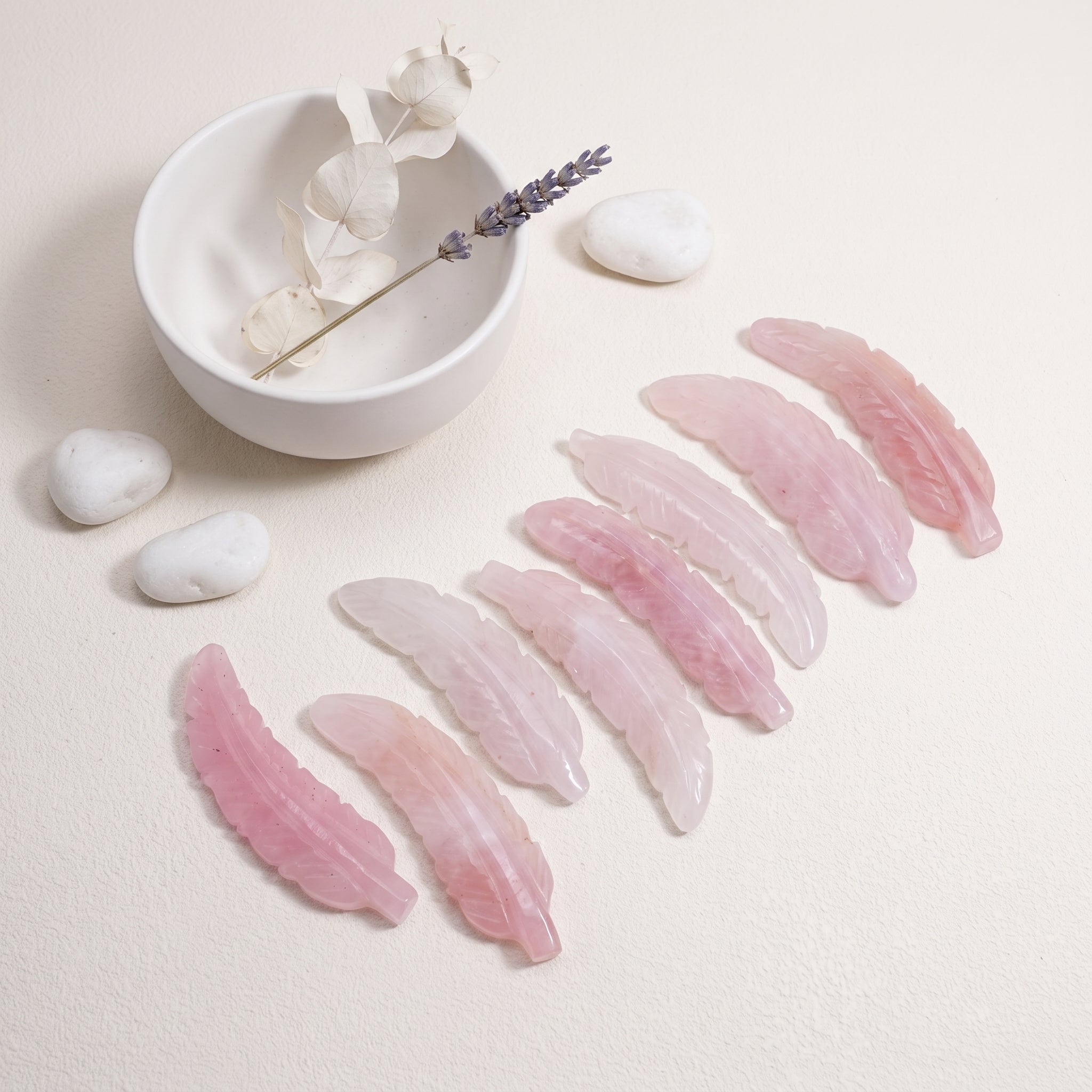 Rose Quartz Feather Carving, Natural Pink Crystal Feather Sculpture Home Decor Ornament