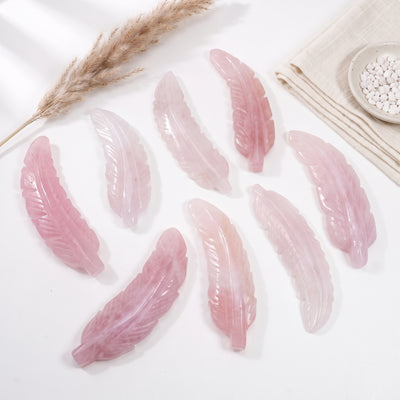 Rose Quartz Feather Carving, Natural Pink Crystal Feather Sculpture Home Decor Ornament