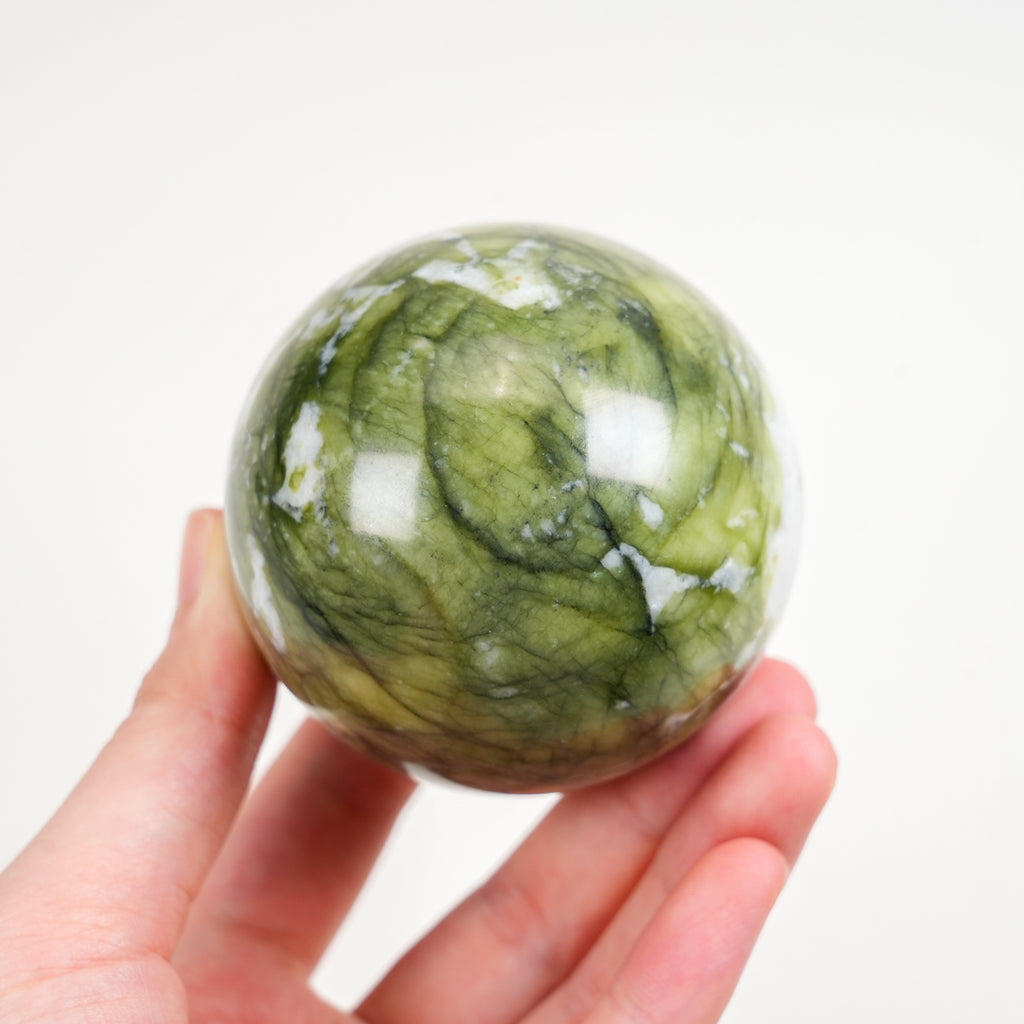 Natural Green Xiuyu Jade Sphere 6.6cm(2.6in), Hand Polished Healing Gemstone Ball, Natural Mineral Stone Sphere for Home Desktop Decor, Meditation Crystal Ornament