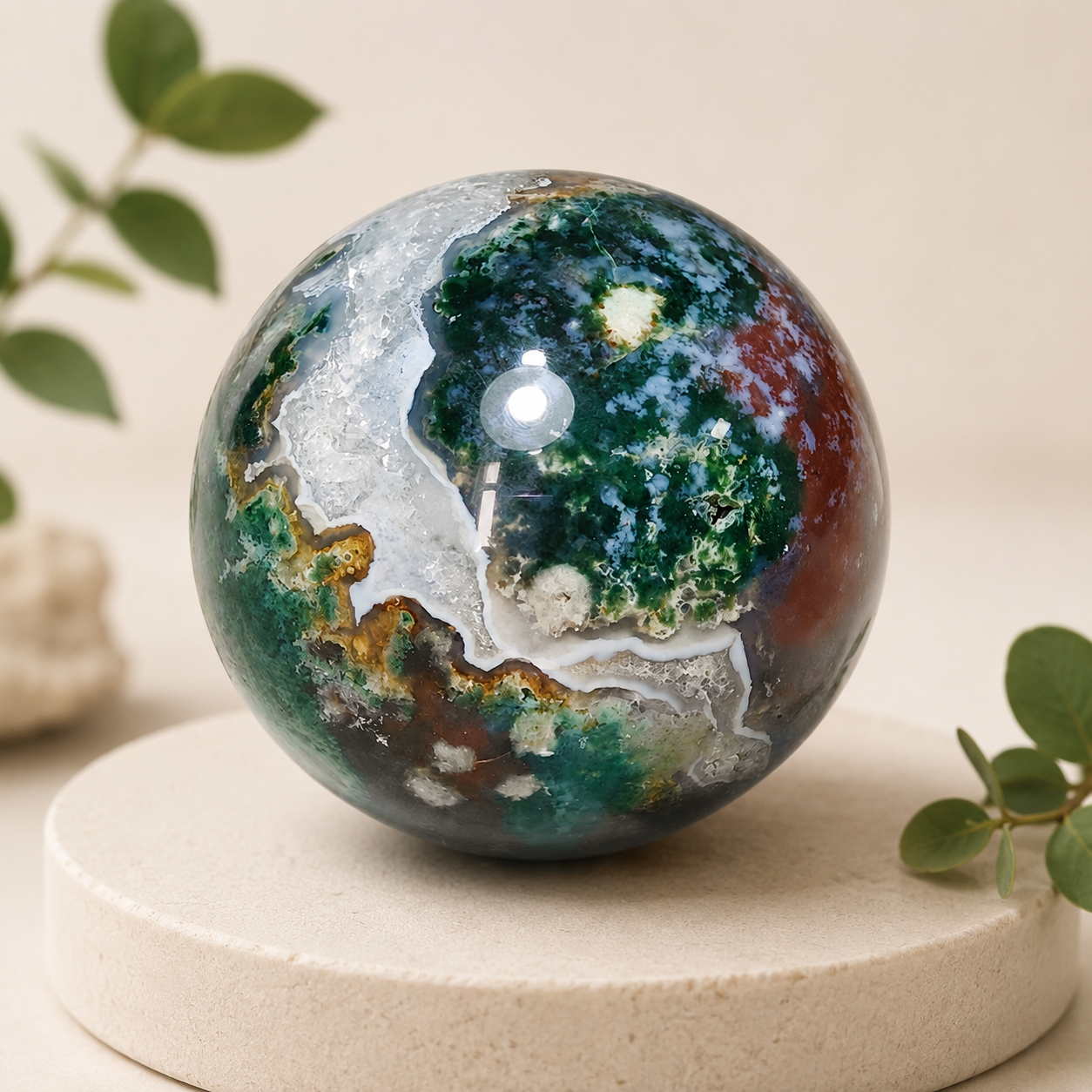 Natural Moss Agate Sphere 6‑7cm, Polished Green Moss Agate Crystal Ball for Home Decor, Meditation & Crystal Collection