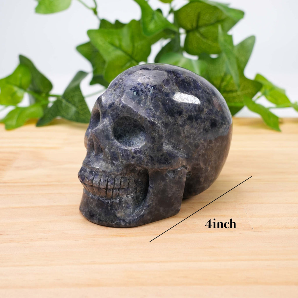 Hand-Carved Iolite Skull Statue Large Natural Gemstone Human Skull Carving, Healing Crystal Sculpture for Meditation, Gothic Home Decor, Reiki Stone for Intuition & Vision