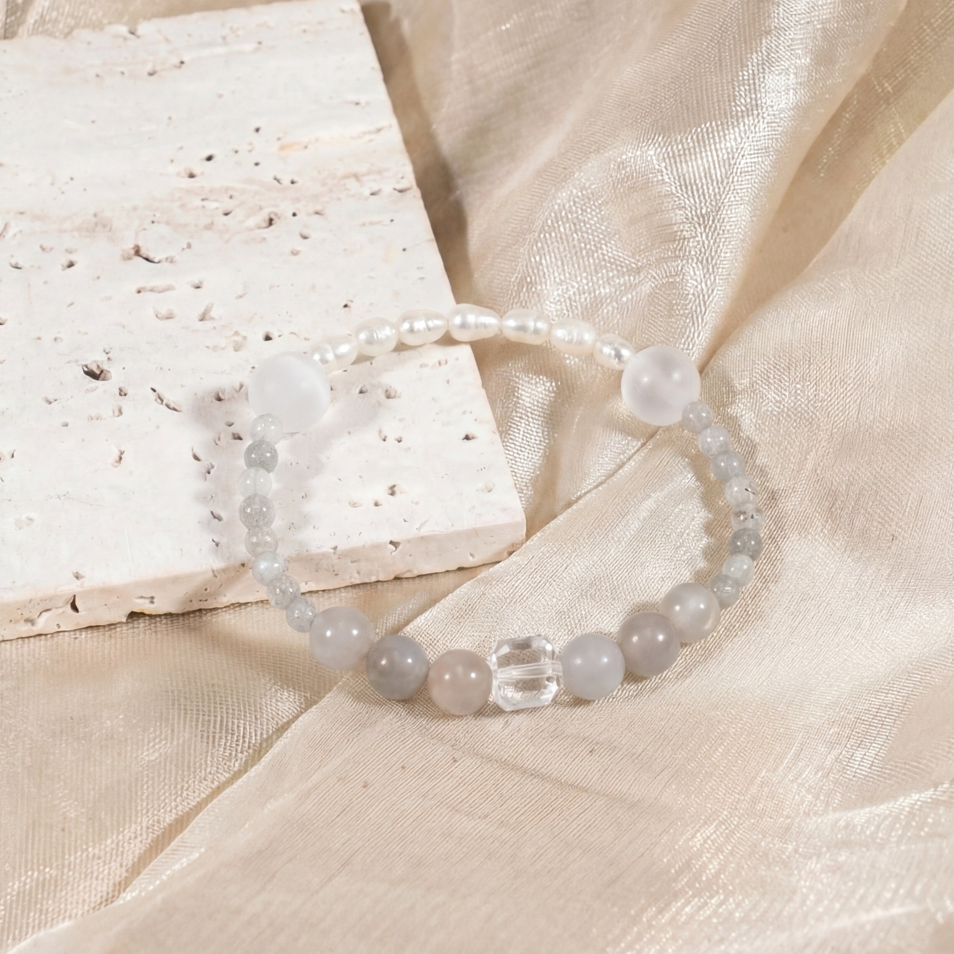 Custom Moonstone & Clear Quartz Cube Bracelet