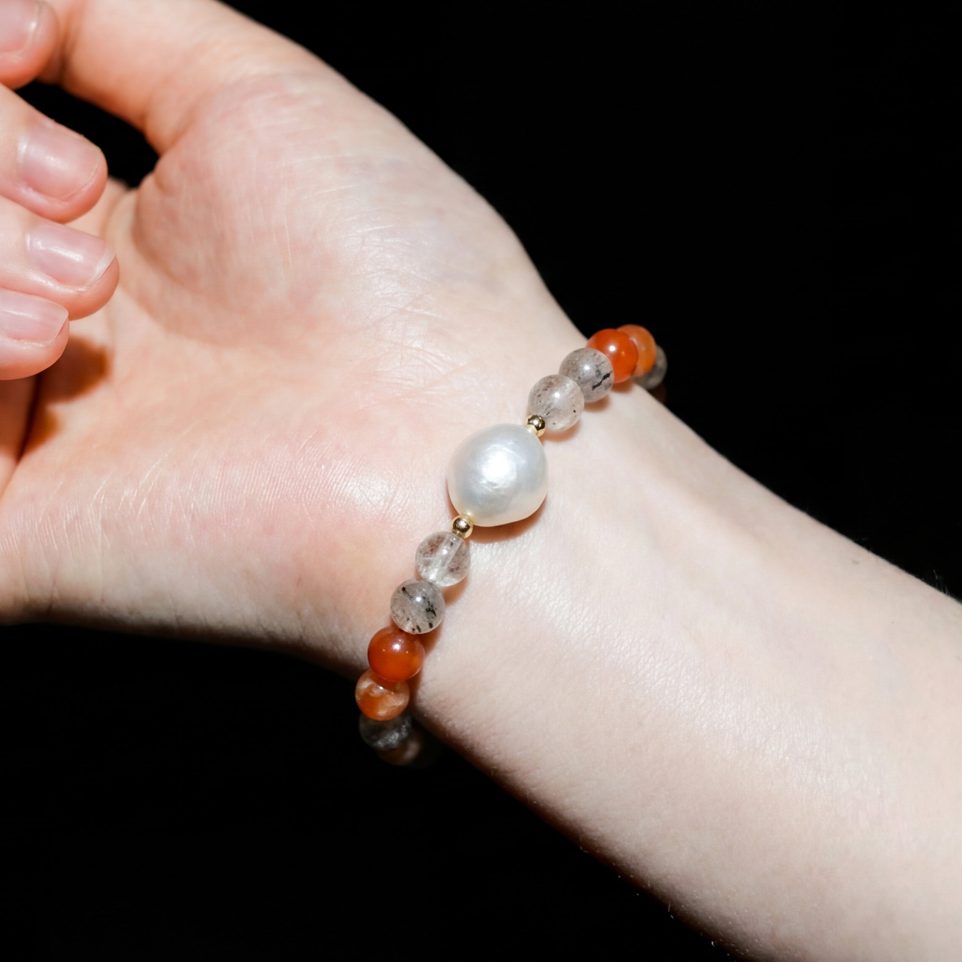 Custom Red Fire Quartz & Garden Quartz  Pearl Bracelet