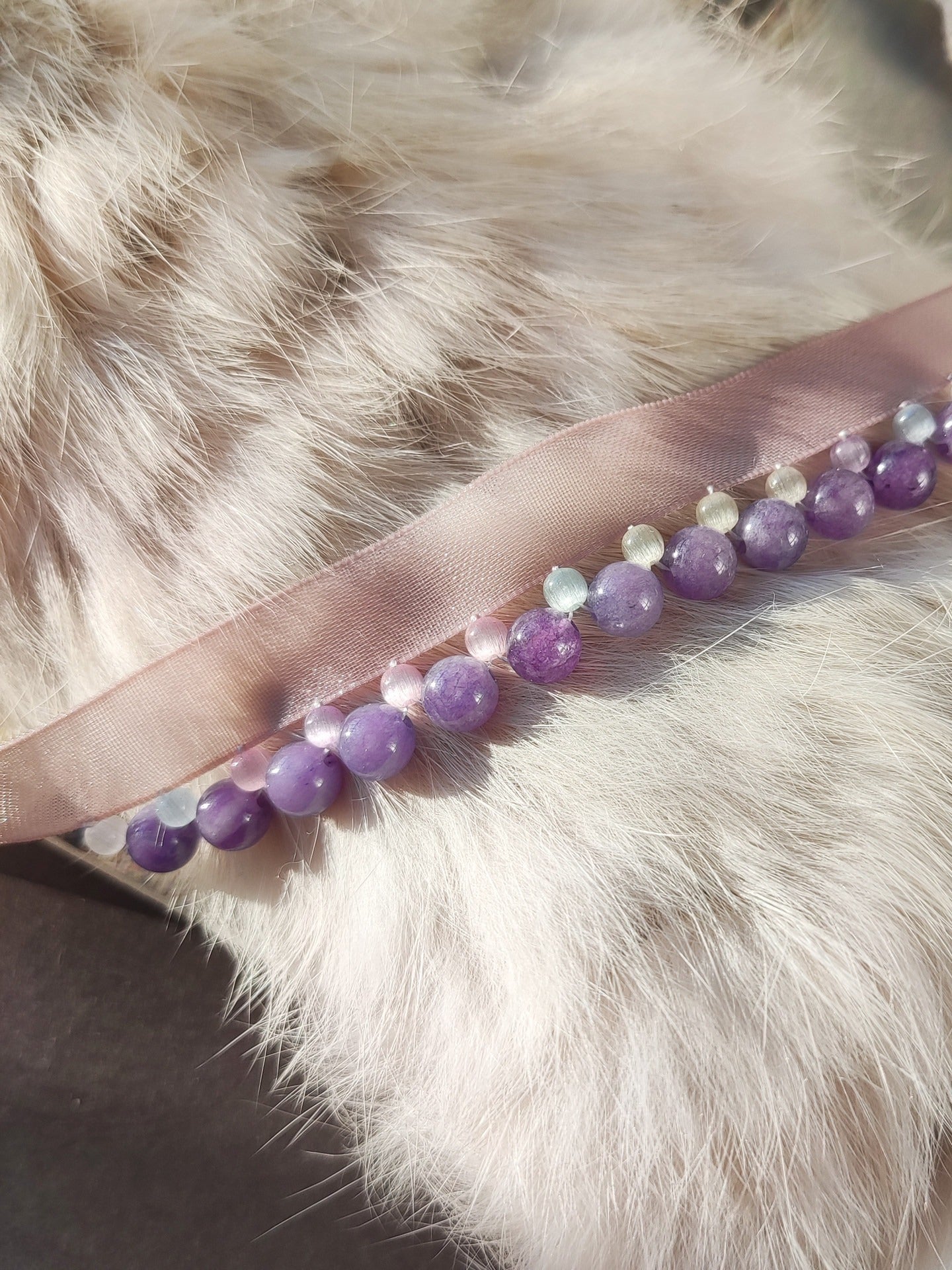 Cat Amethyst Ribbon Collar, Elegant Feline Necklace, Sparkling Crystal Pet Neckband, Soft Adjustable & Safe