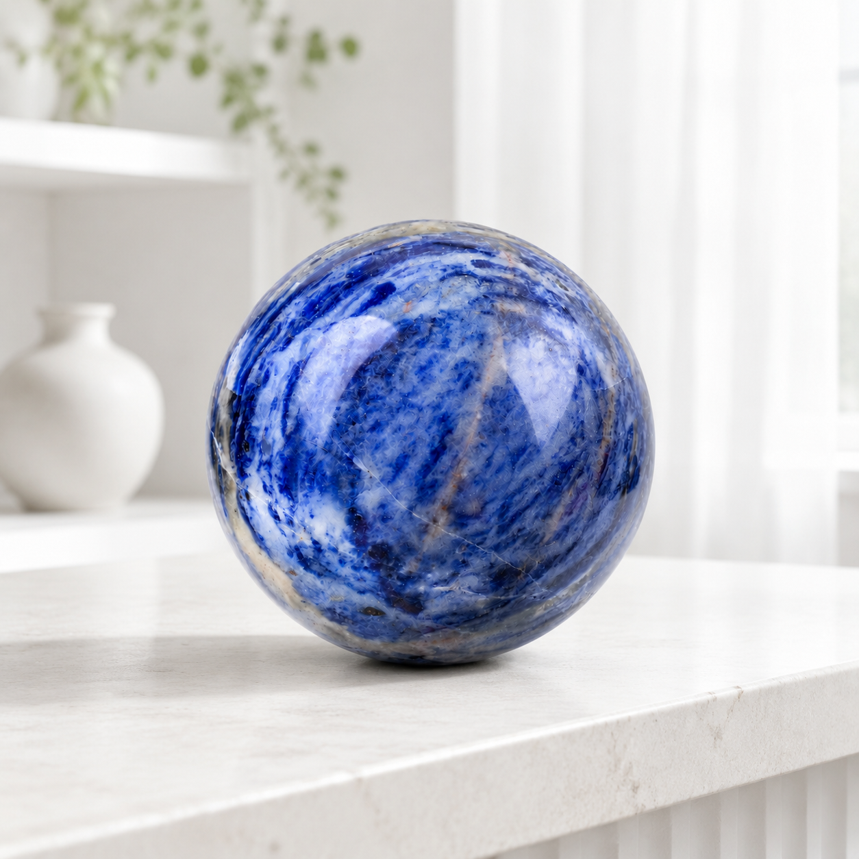 Natural Sodalite Sphere 6.6cm (2.6in) | Hand‑Polished Blue White Veined Mineral Orb