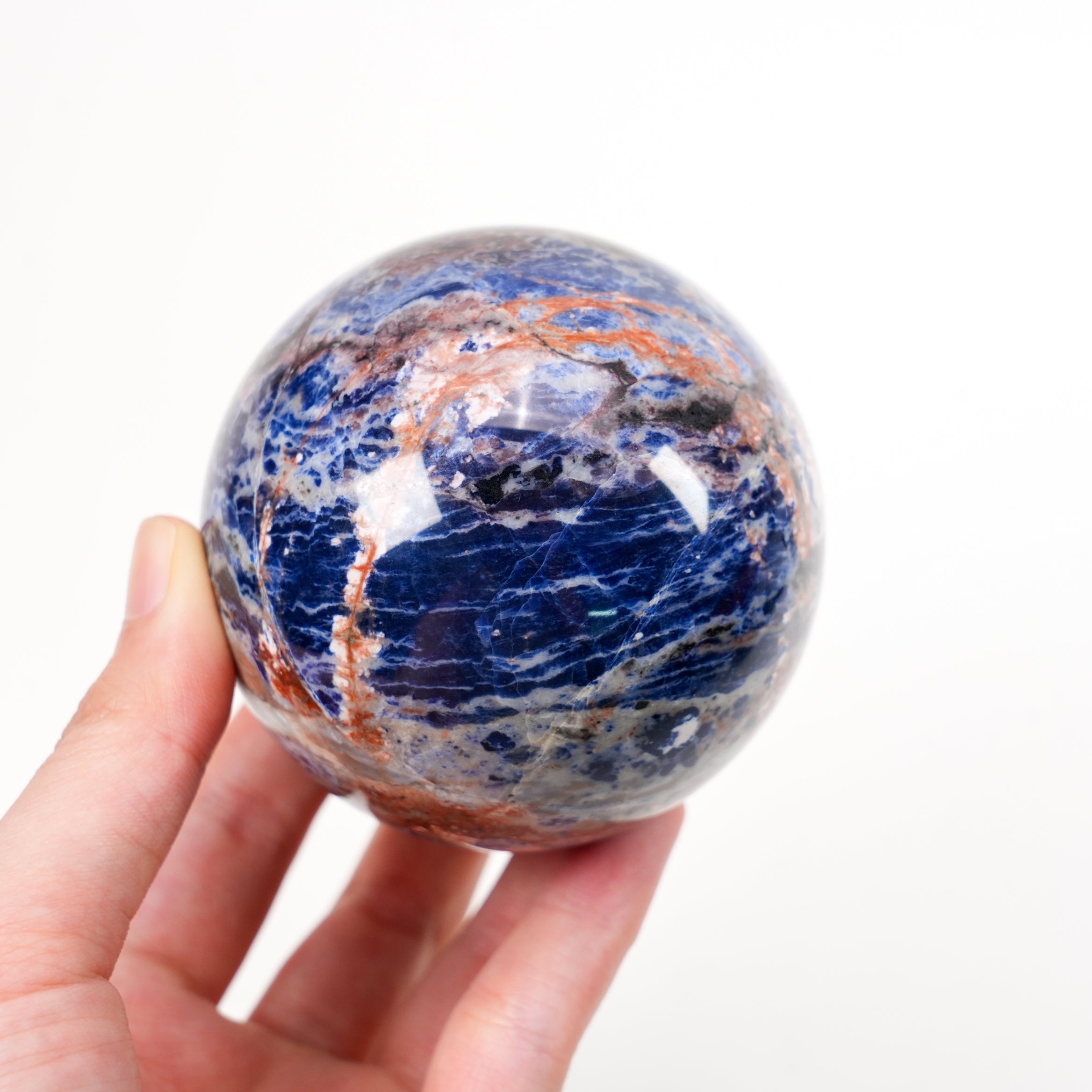 Natural Sodalite Sphere 6.6cm (2.6in) | Hand‑Polished Blue White Veined Mineral Orb