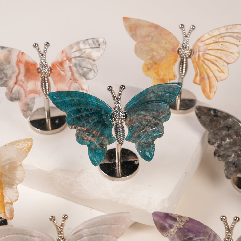 Natural Crystal Butterfly Figurine with Metal Stand | Hand‑Polished Gemstone Butterfly Decor Ornament