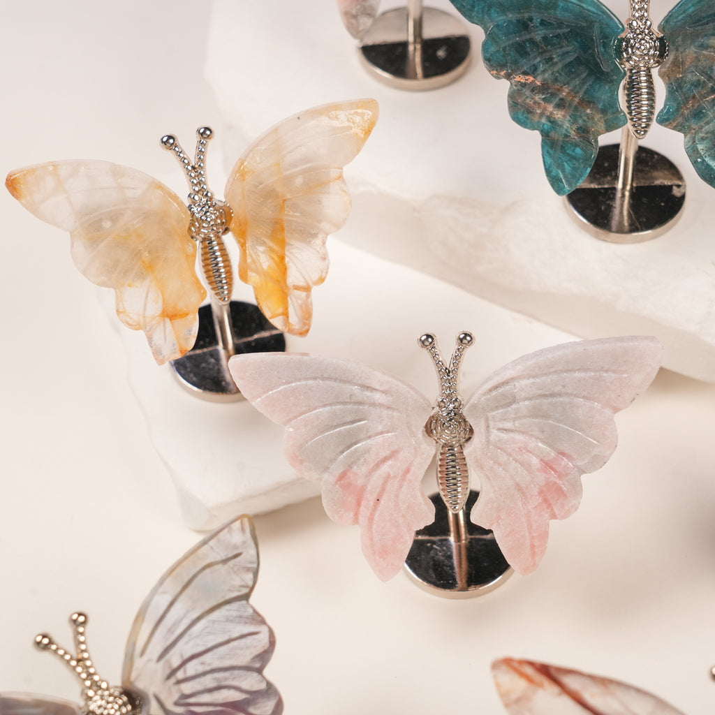 Natural Crystal Butterfly Figurine with Metal Stand | Hand‑Polished Gemstone Butterfly Decor Ornament