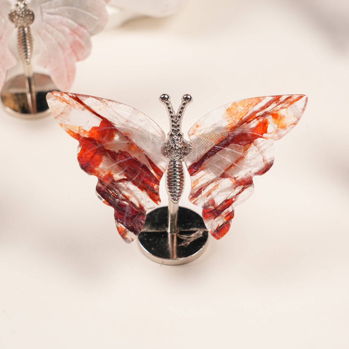 Natural Crystal Butterfly Figurine with Metal Stand | Hand‑Polished Gemstone Butterfly Decor Ornament