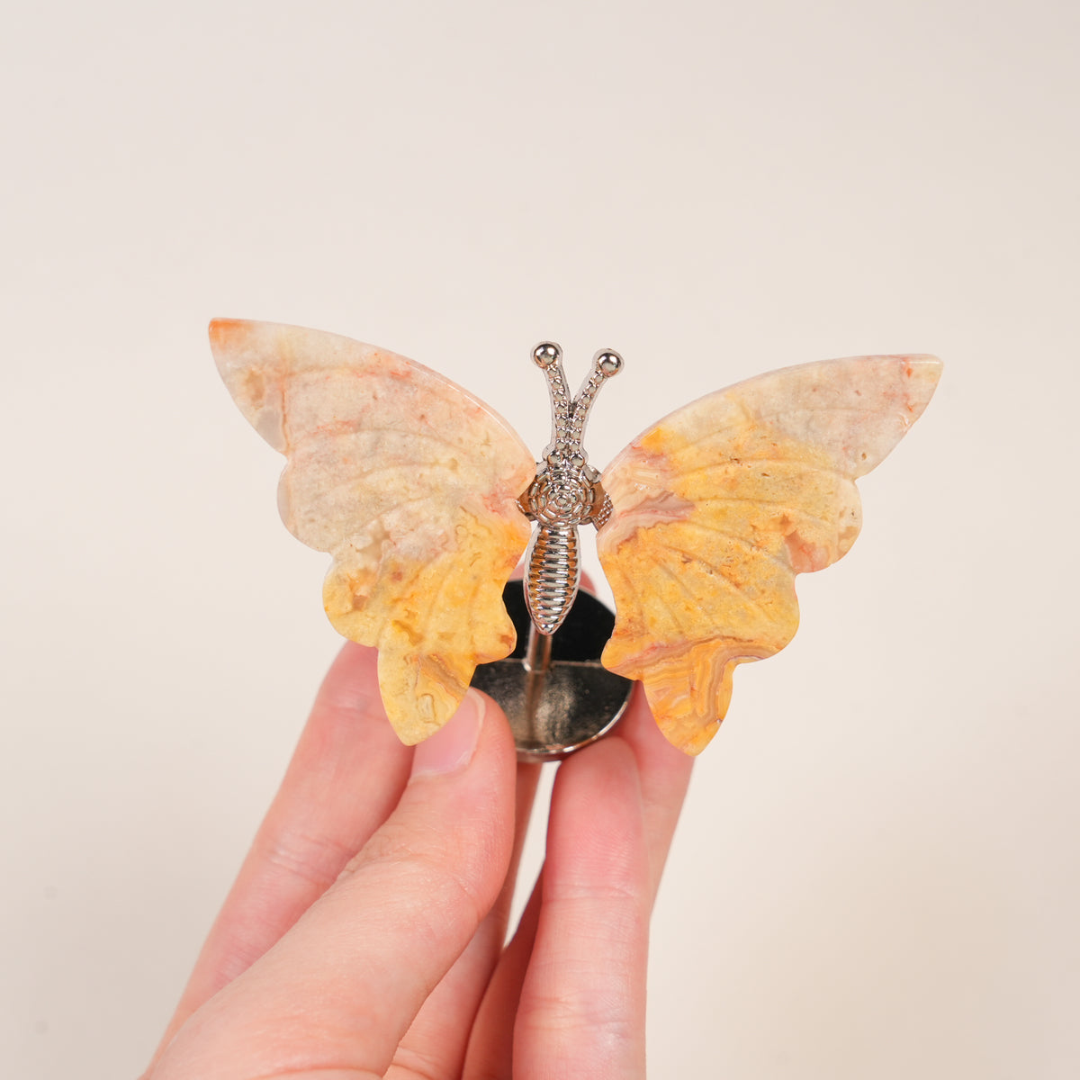 Natural Crystal Butterfly Figurine with Metal Stand | Hand‑Polished Gemstone Butterfly Decor Ornament