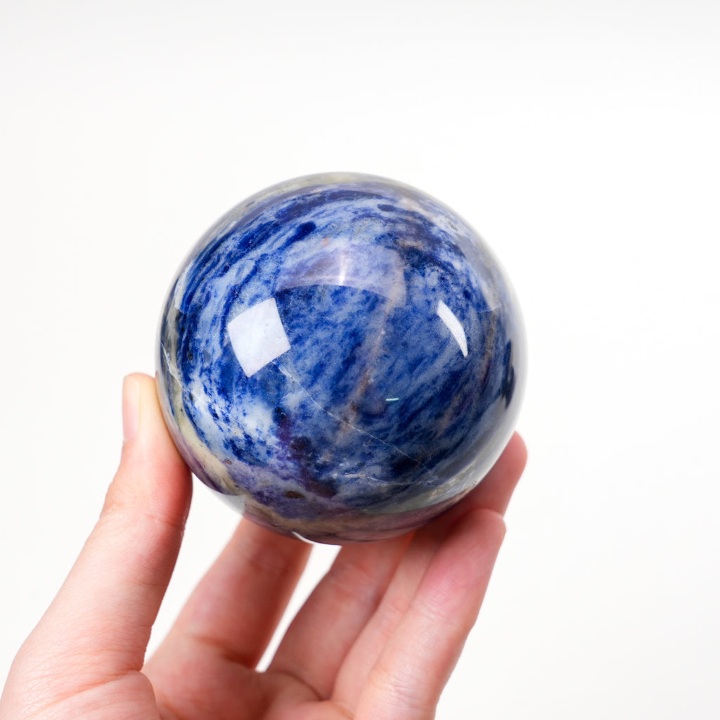 Natural Sodalite Sphere 6.6cm (2.6in) | Hand‑Polished Blue White Veined Mineral Orb