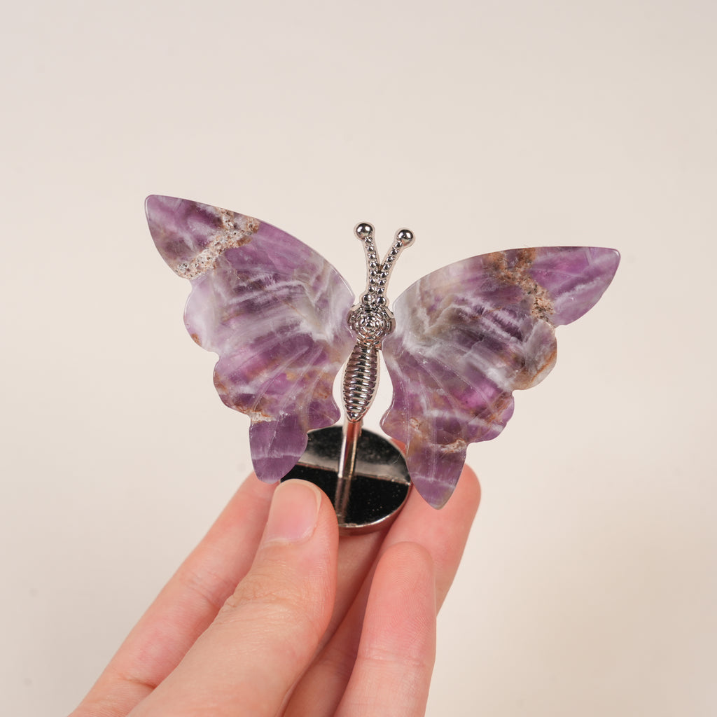 Natural Crystal Butterfly Figurine with Metal Stand | Hand‑Polished Gemstone Butterfly Decor Ornament