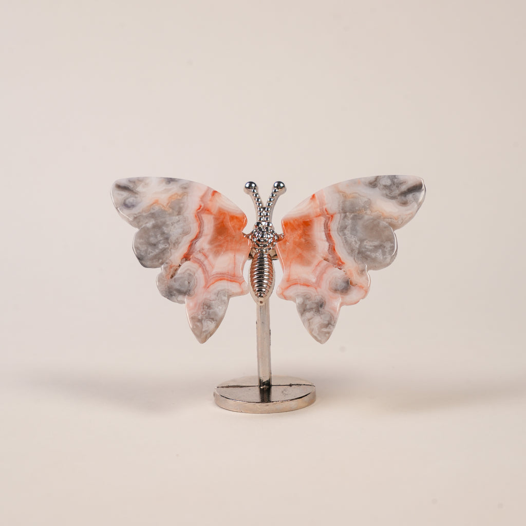 Natural Crystal Butterfly Figurine with Metal Stand | Hand‑Polished Gemstone Butterfly Decor Ornament