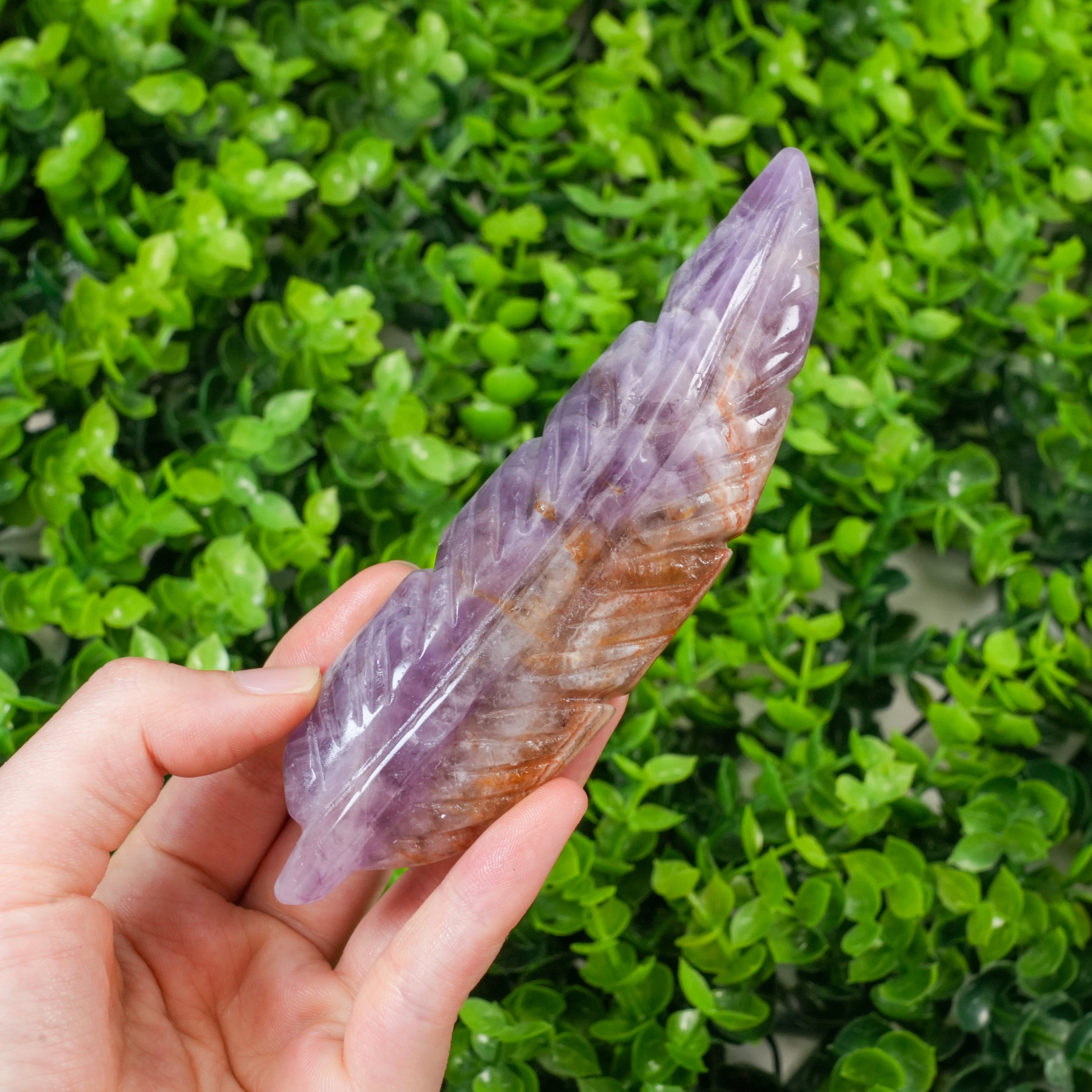 Dream Amethyst Feather Crystal Carving, Hand Polished Feather Shaped Stone for Spiritual Decor & Energy Healing